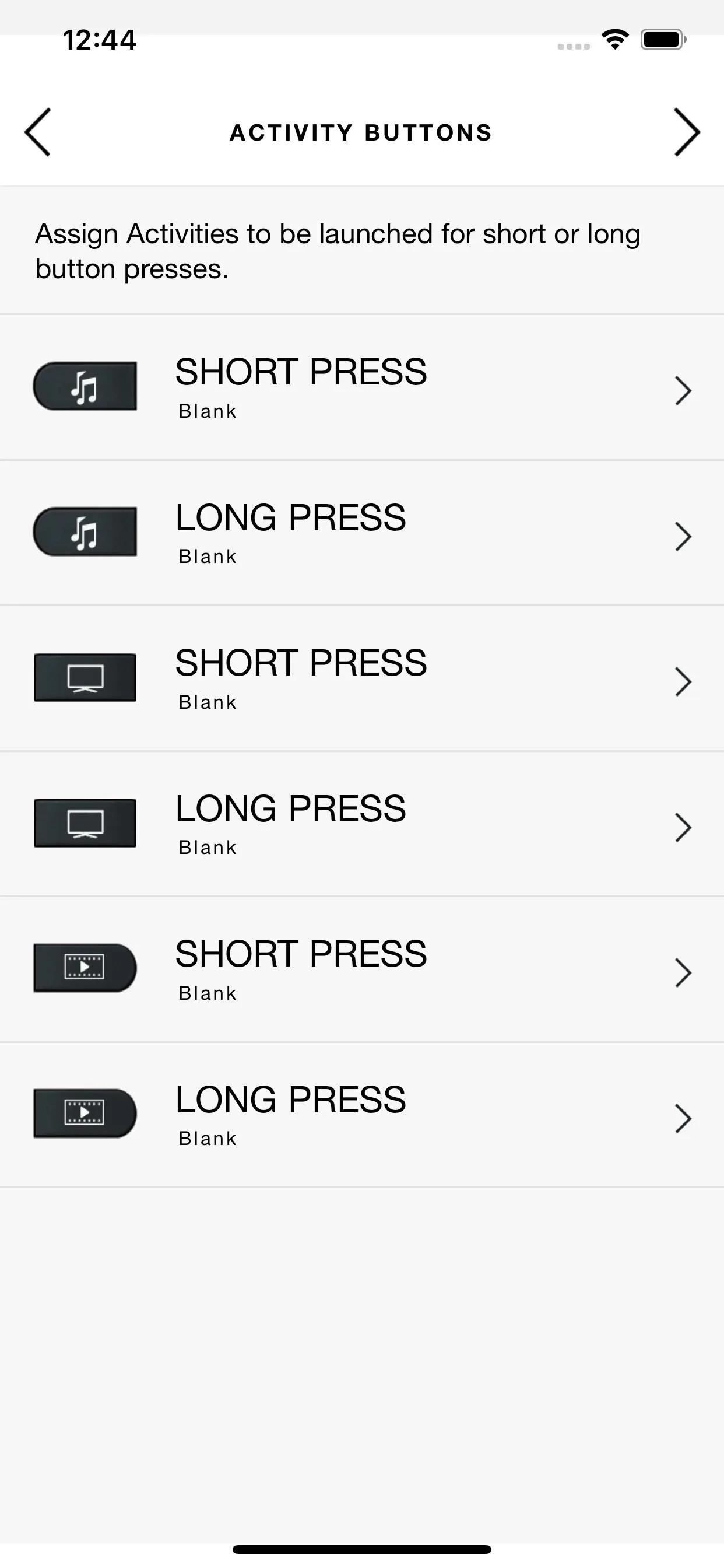 Activity assignment interface for button configurations.