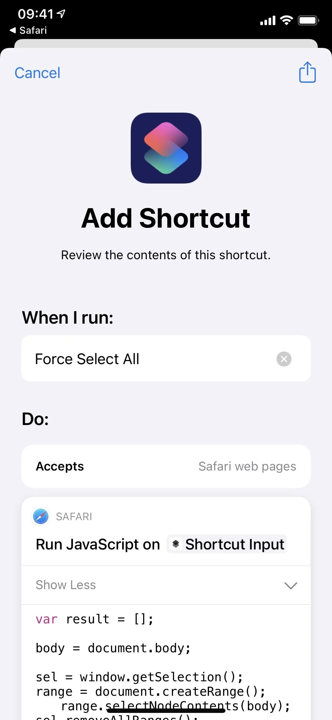 Add Shortcut screen with fields for setting a shortcut and running JavaScript.