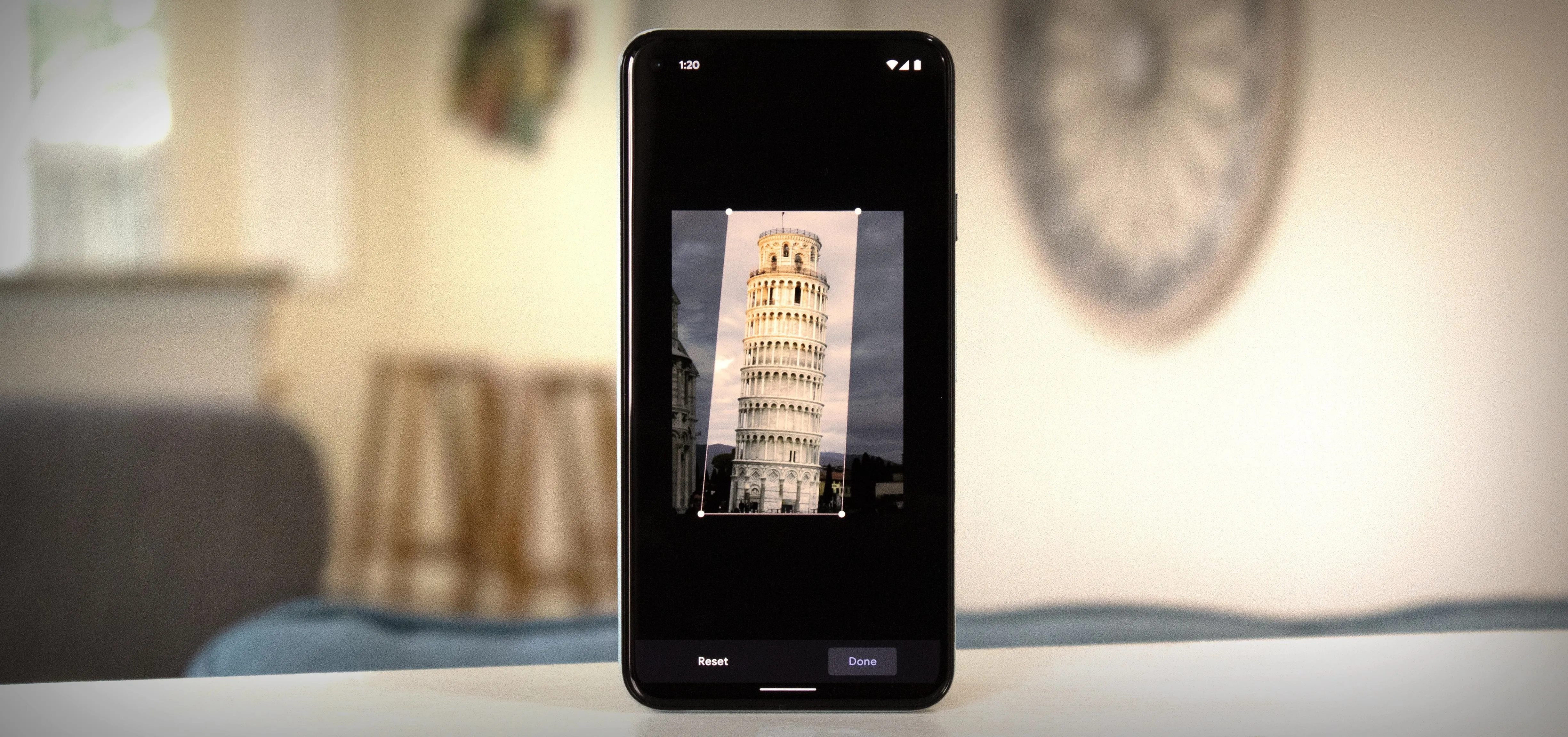 Smartphone displaying an image of a tower.