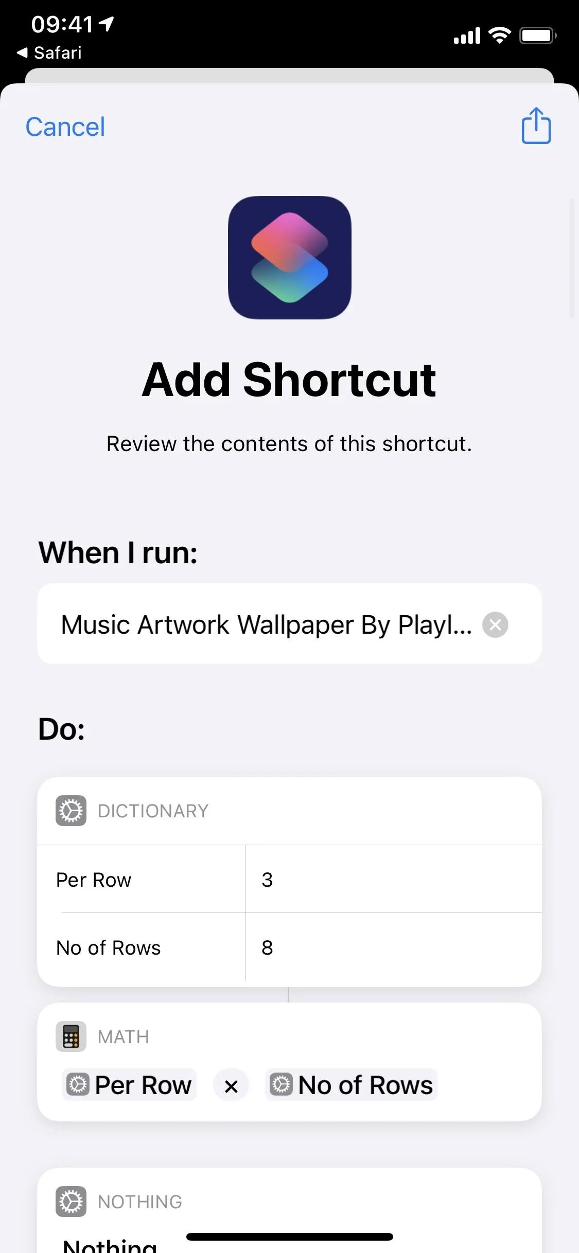 Add Shortcut interface for customizing music and wallpaper settings.