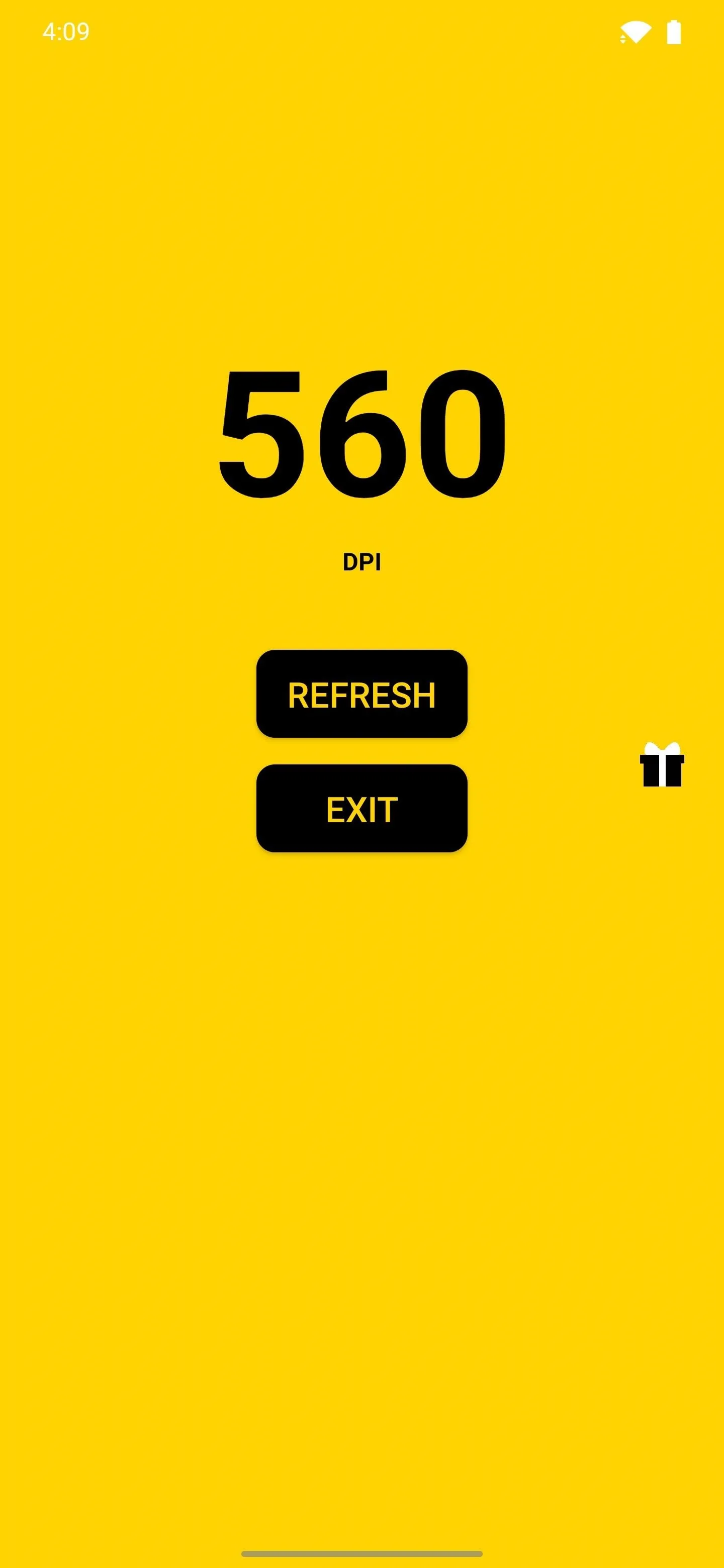 Yellow background with large text displaying "560" and buttons labeled "REFRESH" and "EXIT."