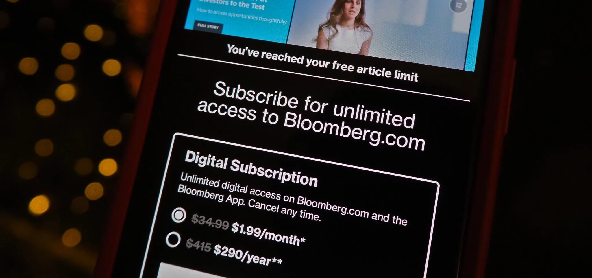 Subscription prompt for Bloomberg.com with pricing details.