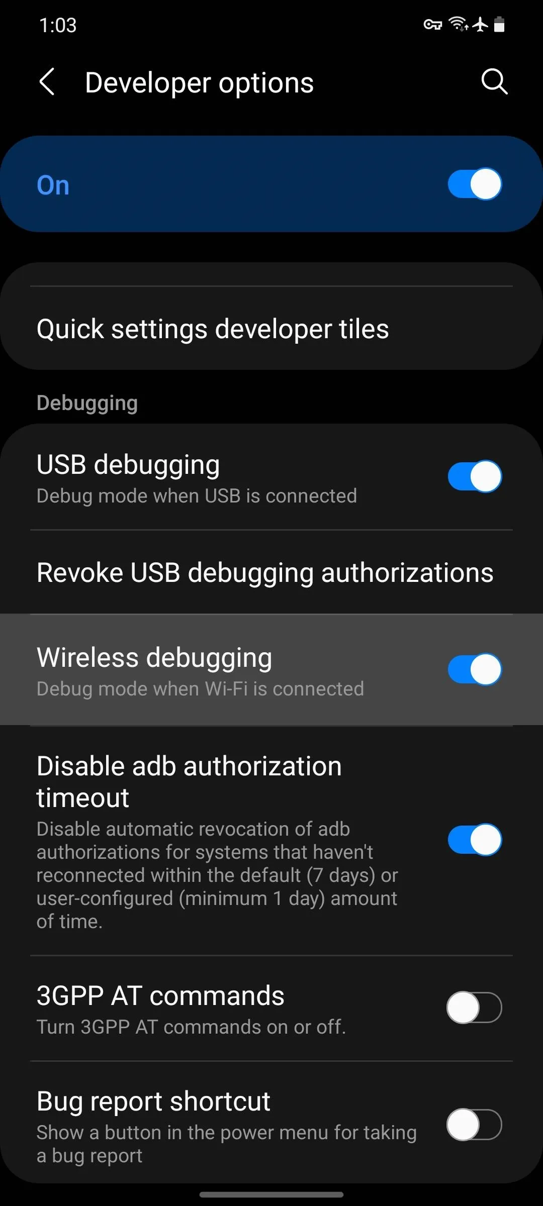 Developer options settings on a mobile device, including options for USB debugging and authorization timeout.