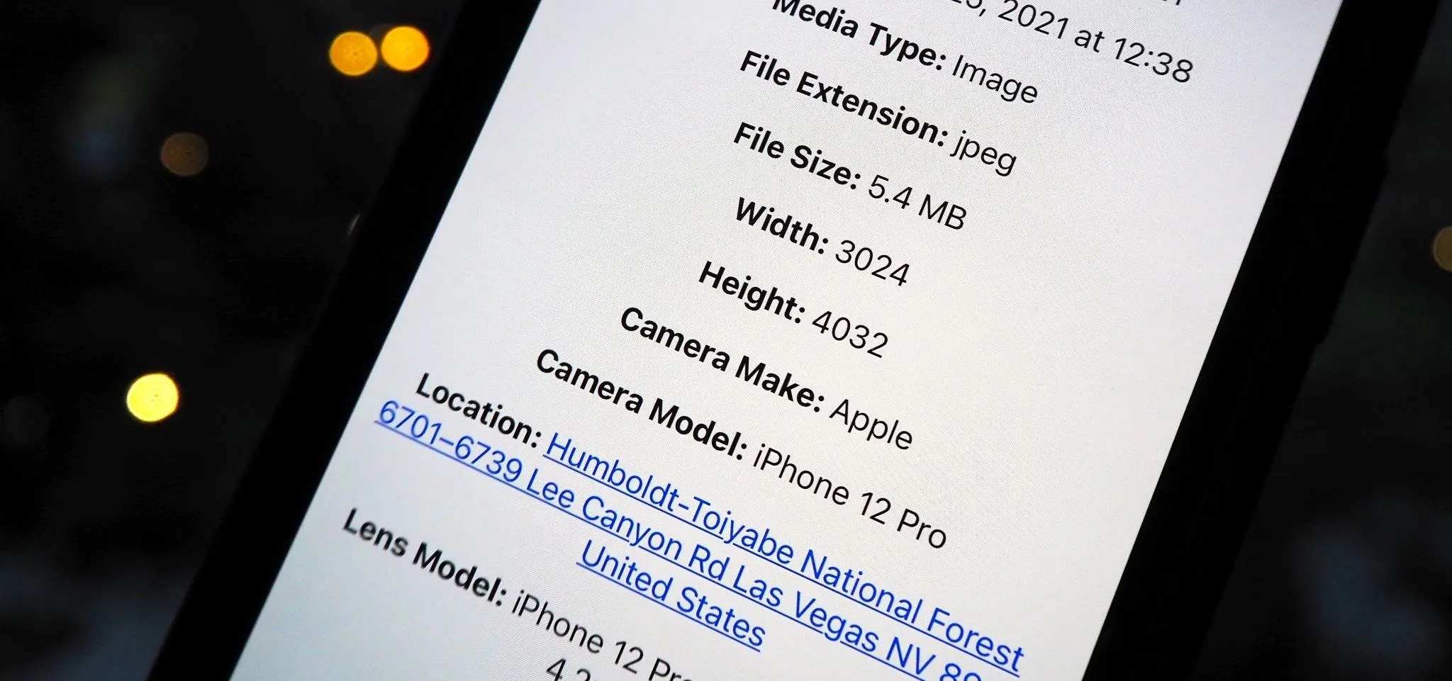 Image displaying technical details of a photo taken with an iPhone 12 Pro.