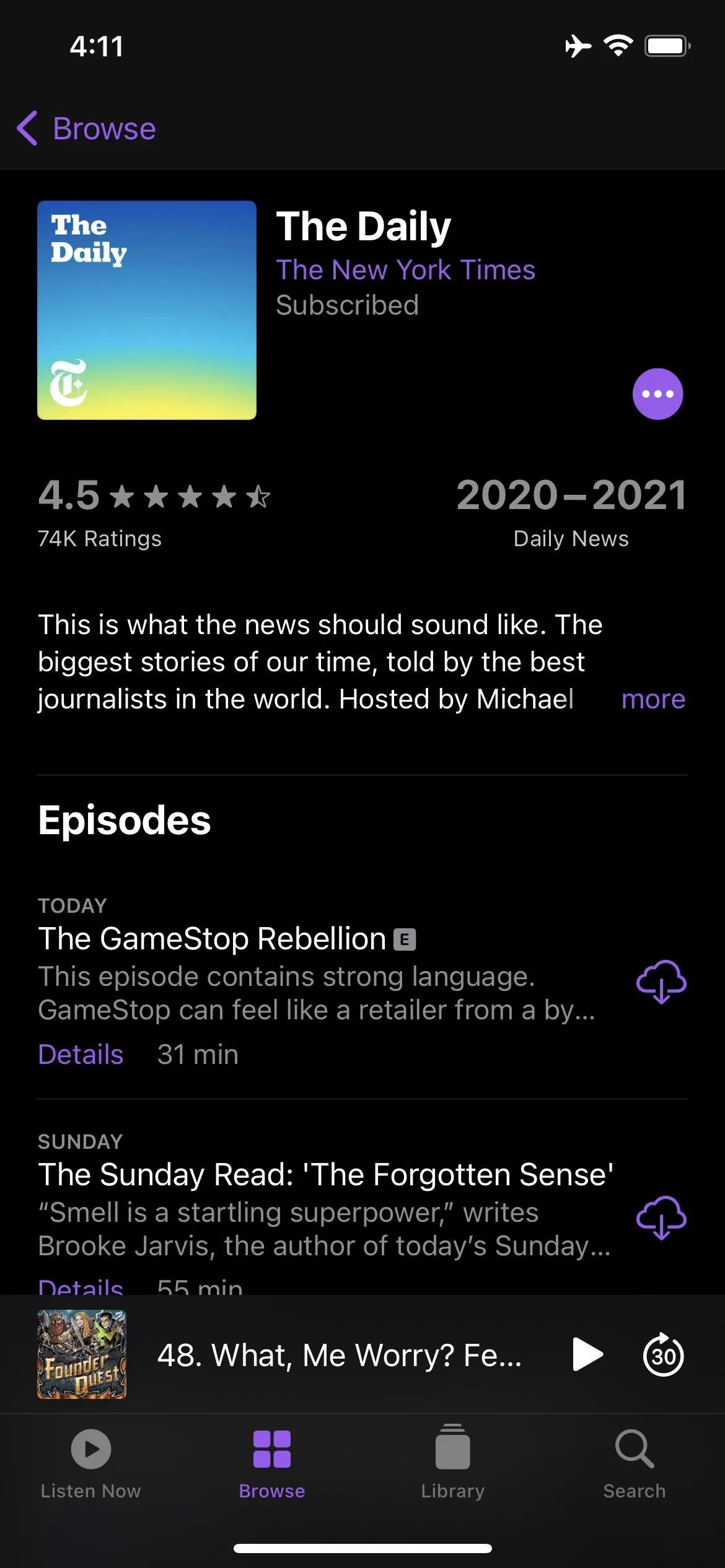 Podcast app screen displaying "The Daily" with star ratings and episode listings.