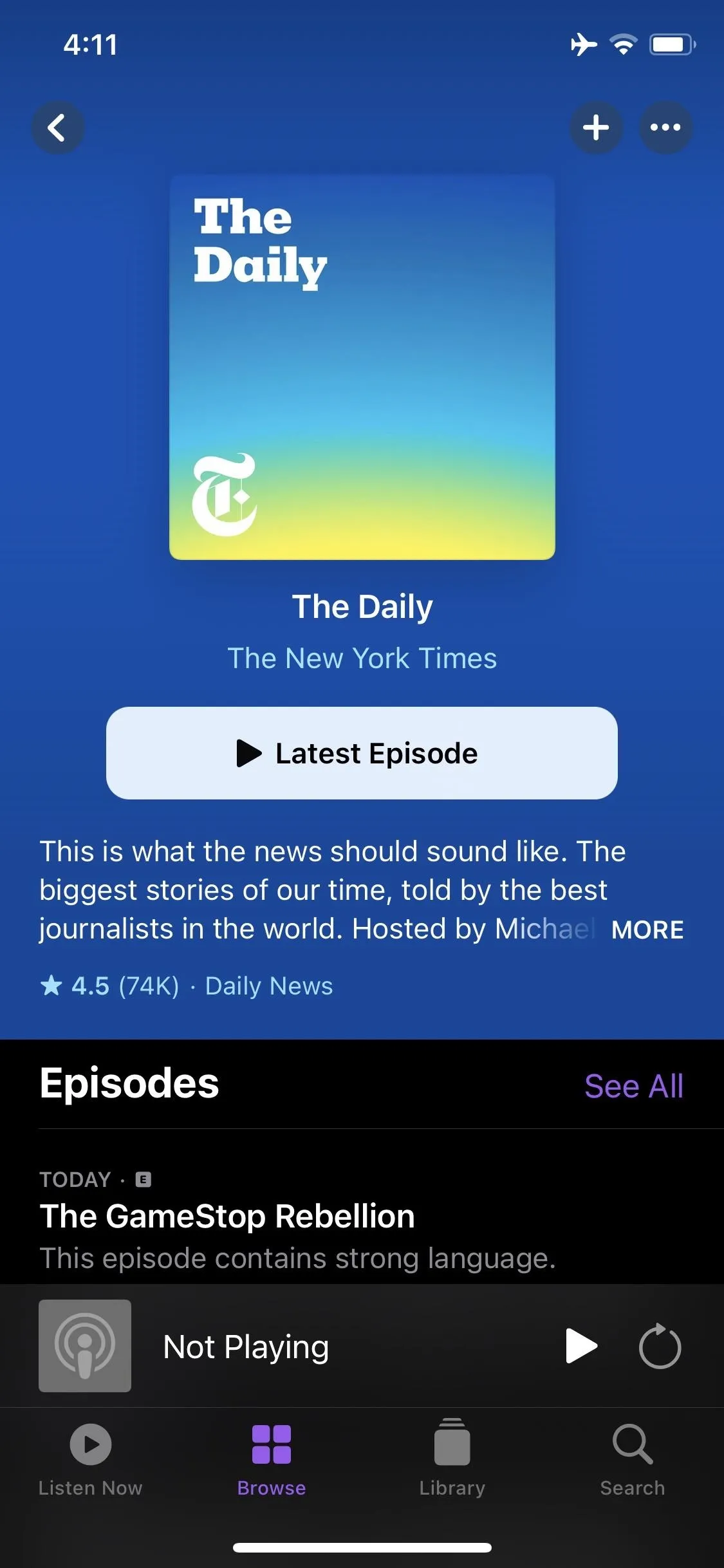 Podcast episode titled "The Leadership Standard" from The Daily by The New York Times, with a play button and episode details displayed.