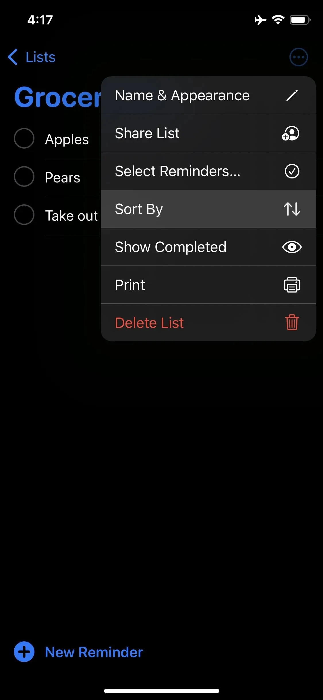 Grocery shopping list app interface showing options for adding items and managing reminders.