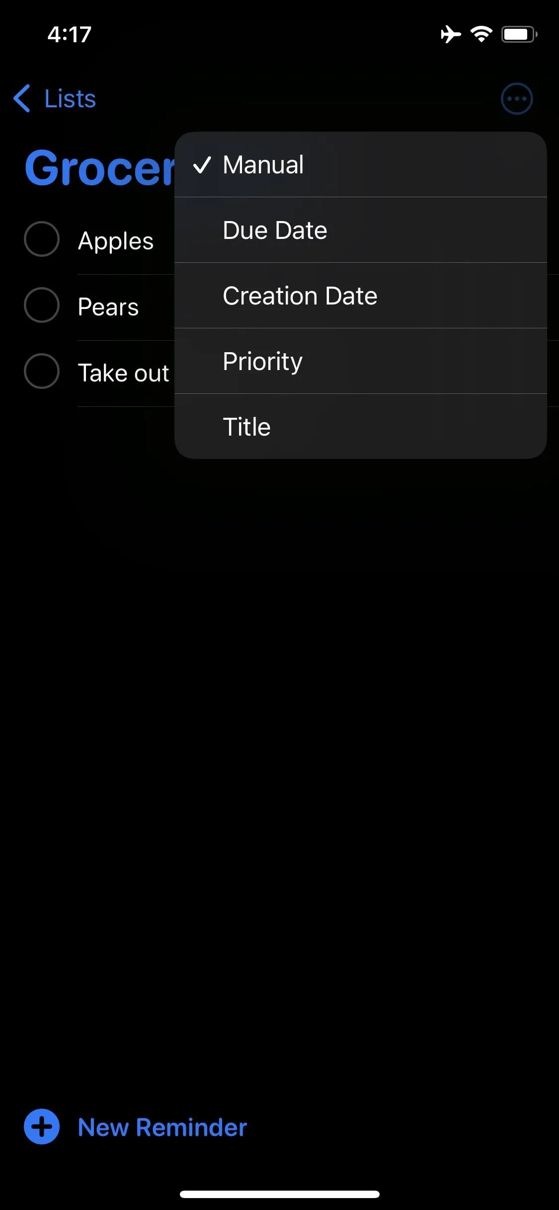 Grocery list app interface showing options for managing items.