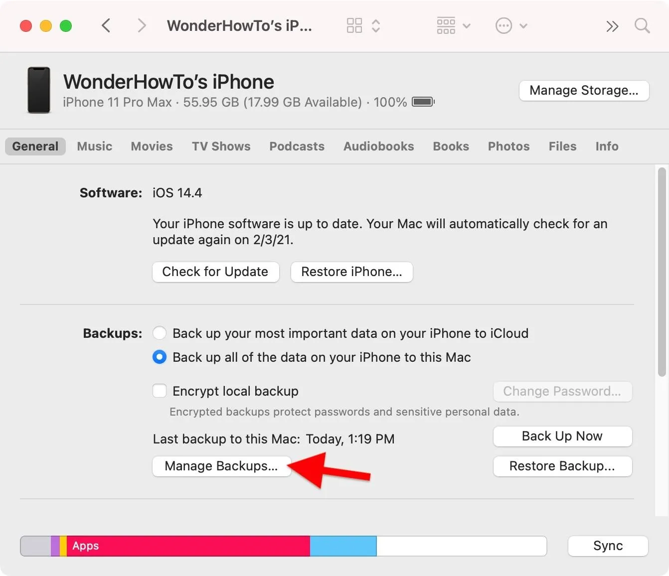 iPhone backup settings interface displaying date and time for last backup.