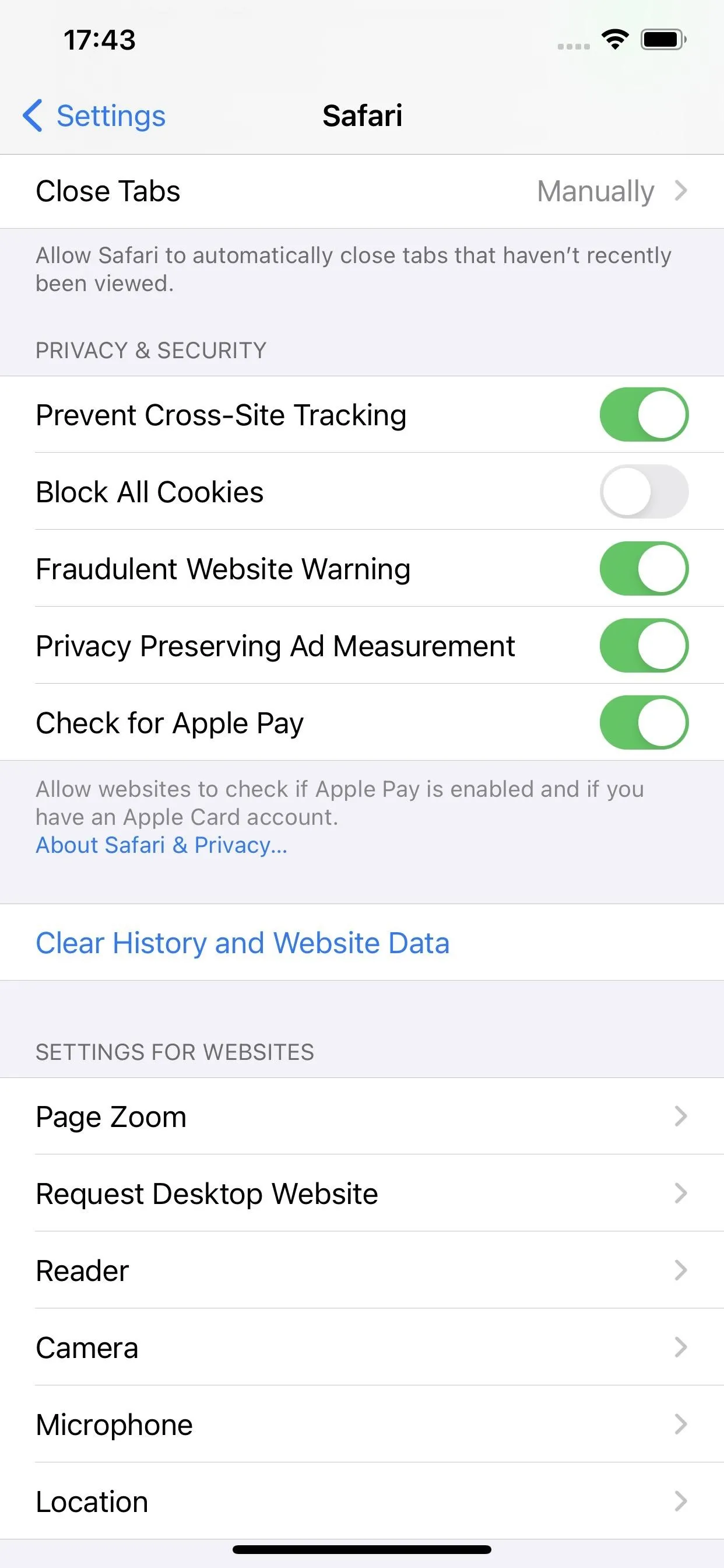 Privacy settings menu on a mobile device, showing options for tracking, location, and financial settings.