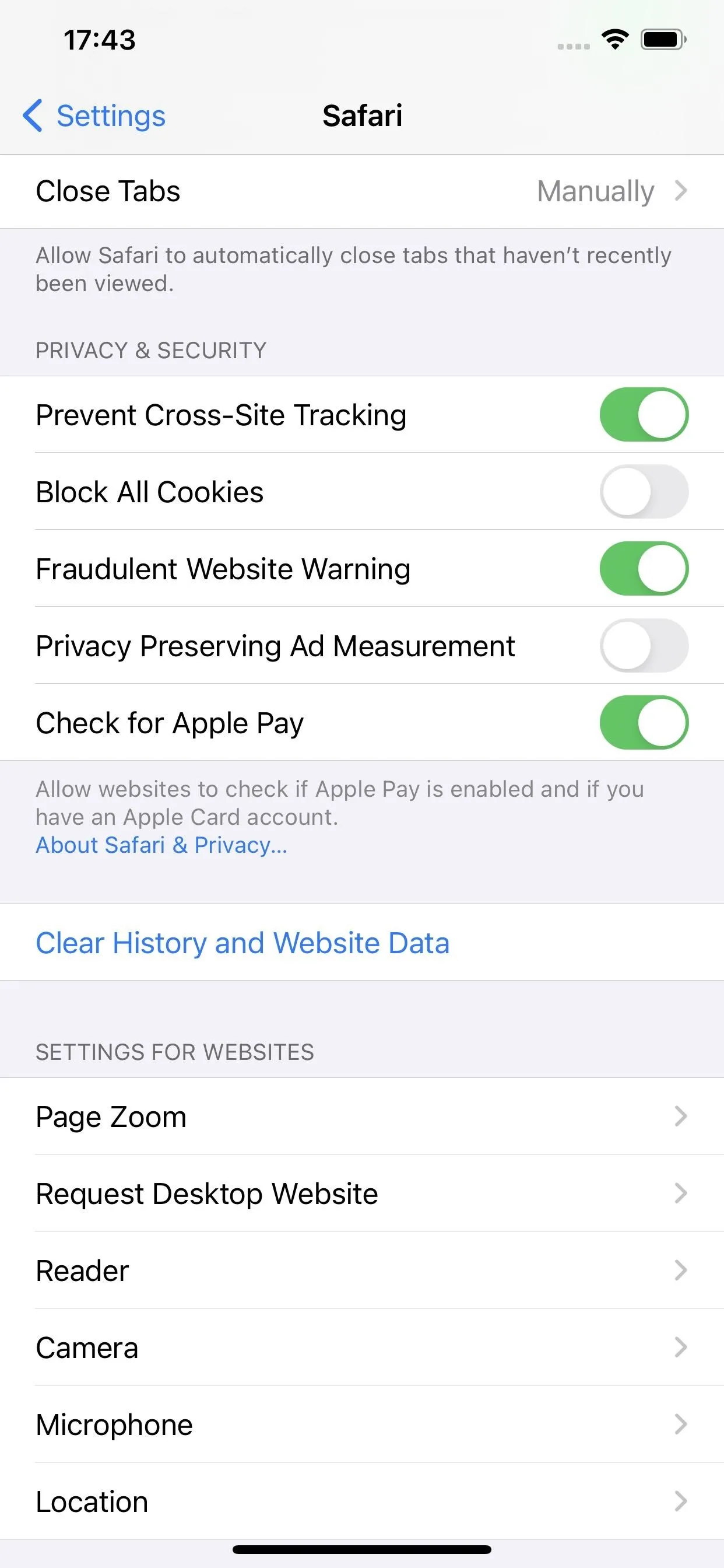 Settings menu on a smartphone displaying options for privacy and data tracking.