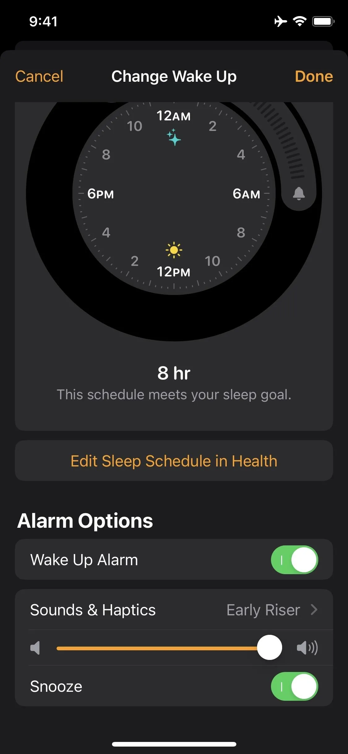 Alarm settings interface with time selection and sound adjustment options.