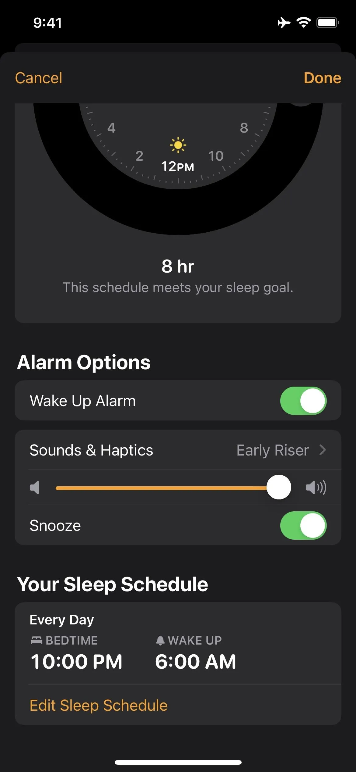 Sleep schedule settings with alarm options in a mobile app.