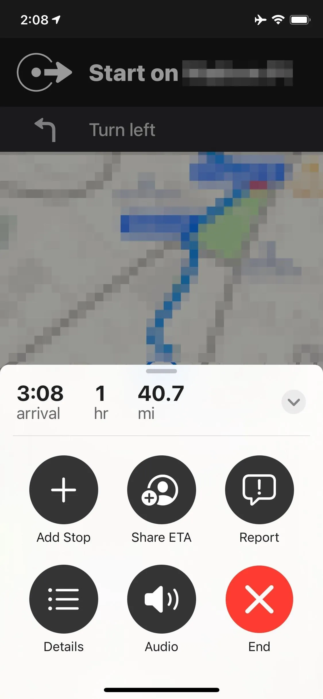 Navigation app interface showing a map route with directions and travel details.