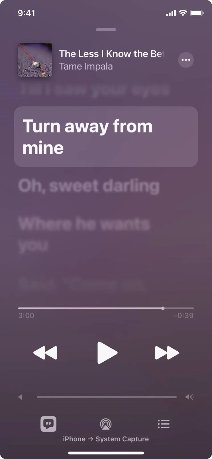 Lyrics from a music streaming application.