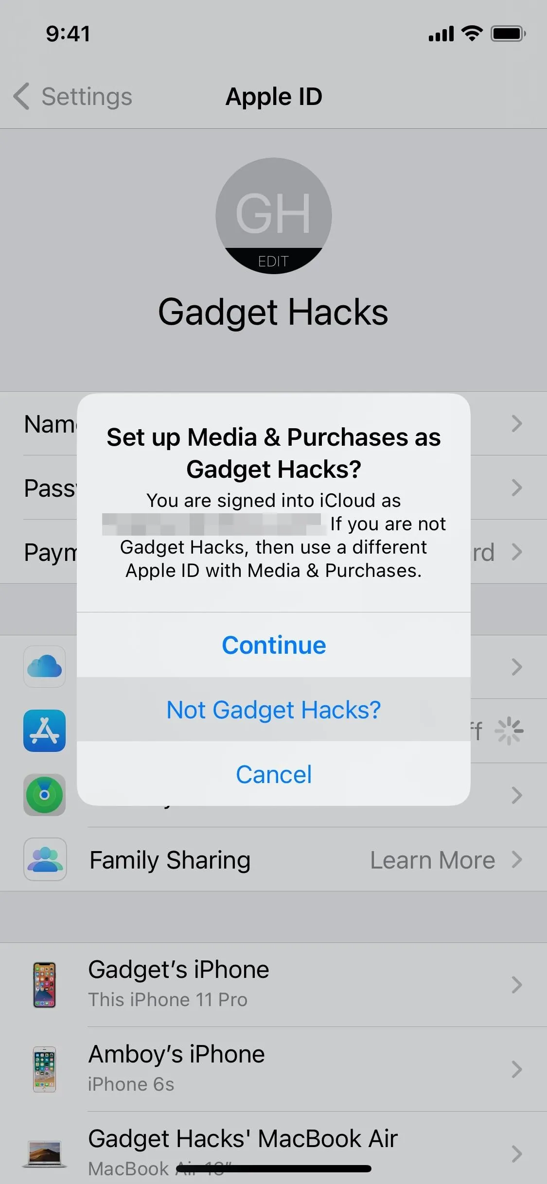 Gadget Hacks Apple ID setup screen on a mobile device.