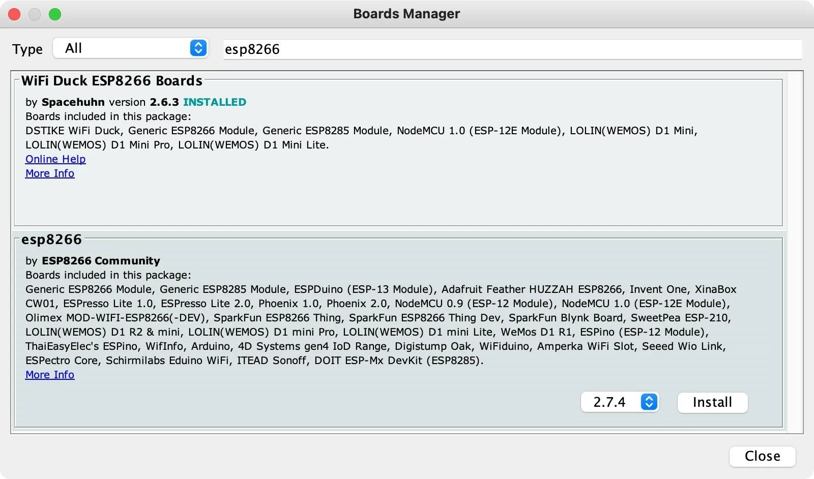 ESP8266 Board Manager interface displaying installed boards and version information.