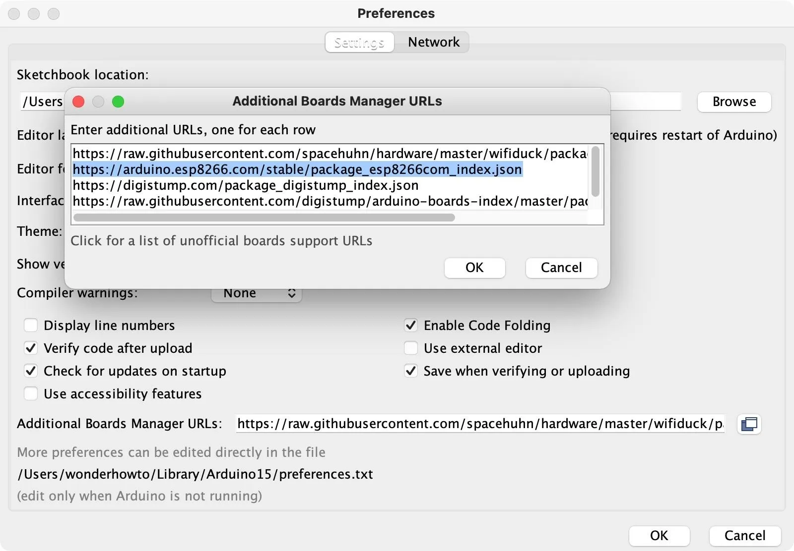 Preferences menu displaying additional Board Manager URLs in a software application.