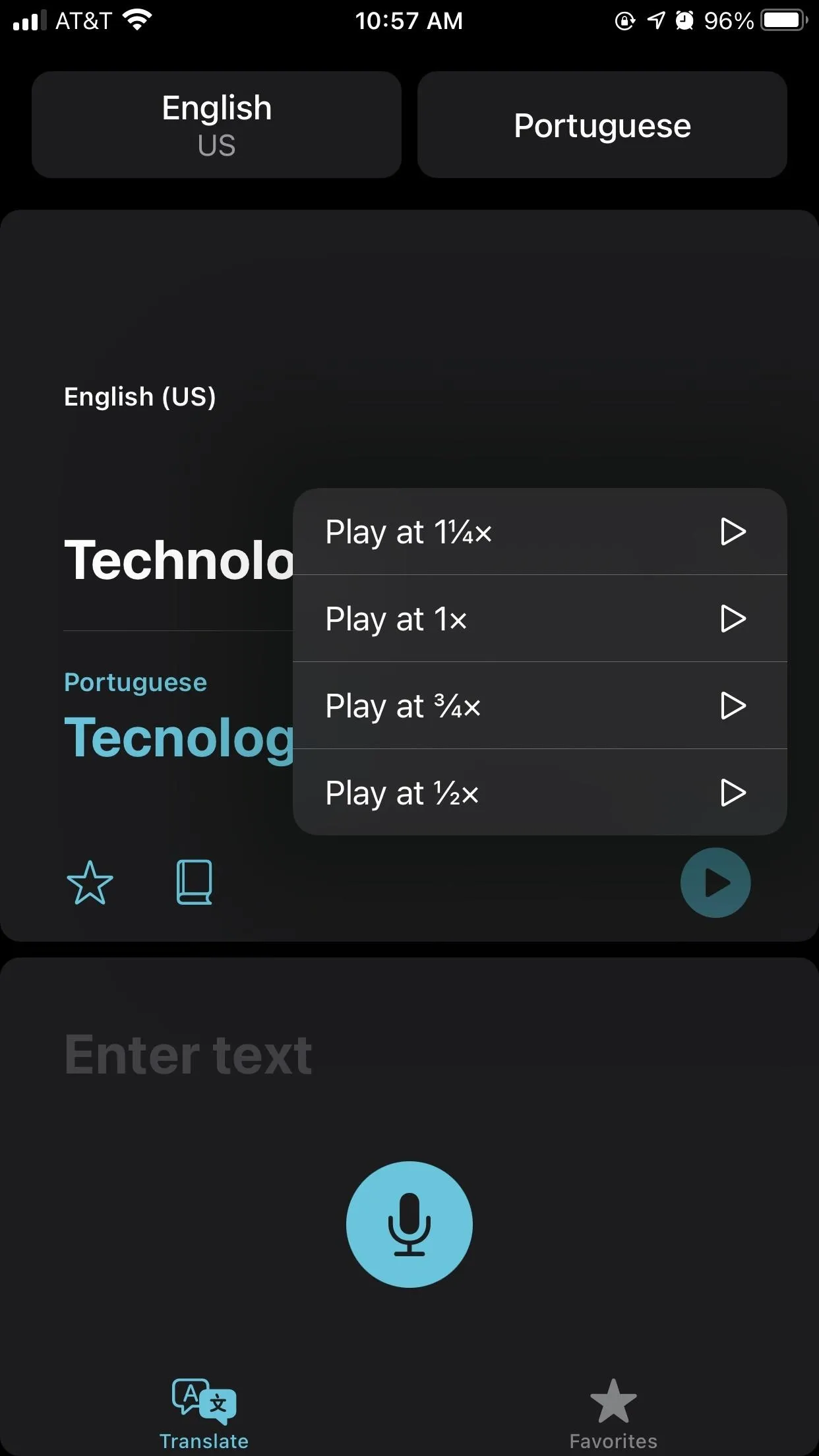 Screenshot of a language translation app displaying options for English and Portuguese.