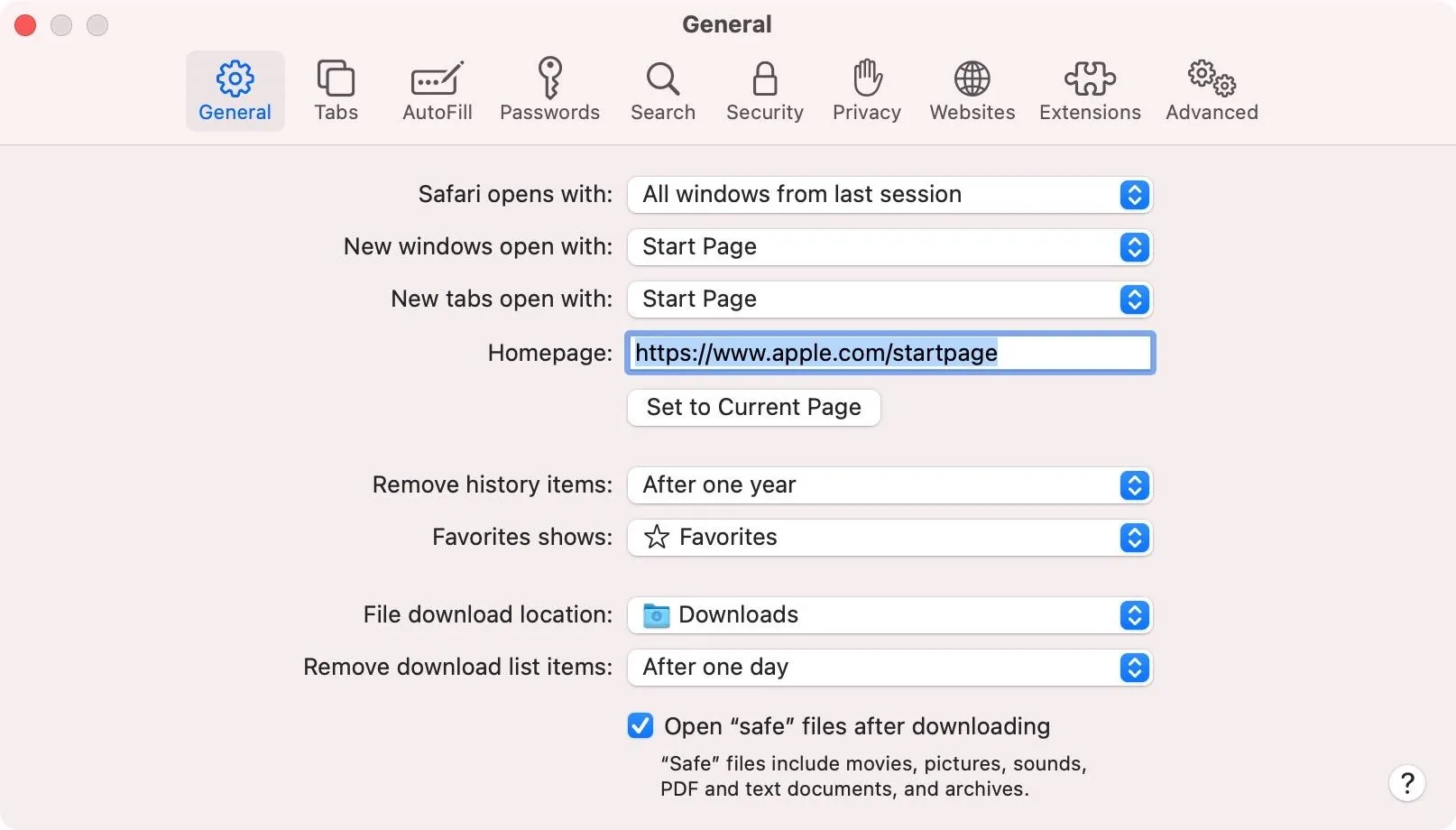 Settings menu displaying general preferences for a web browser.