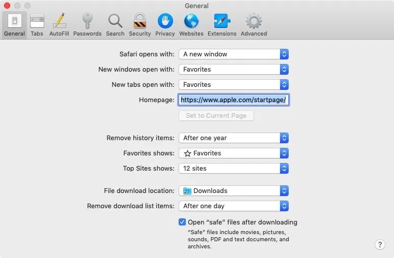 Settings menu for a web browser showing homepage and download preferences.