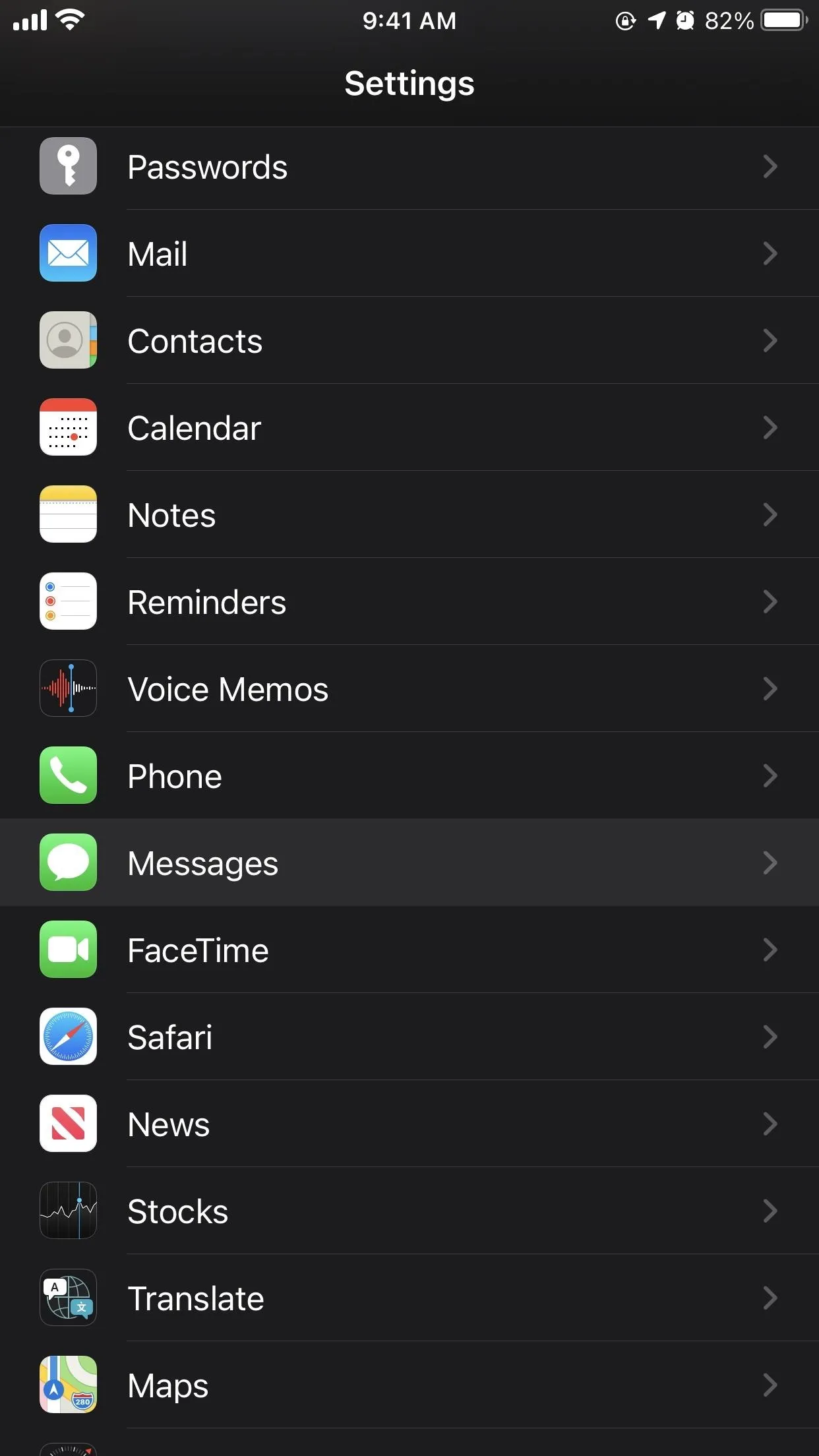 Settings menu on a smartphone displaying various application options.