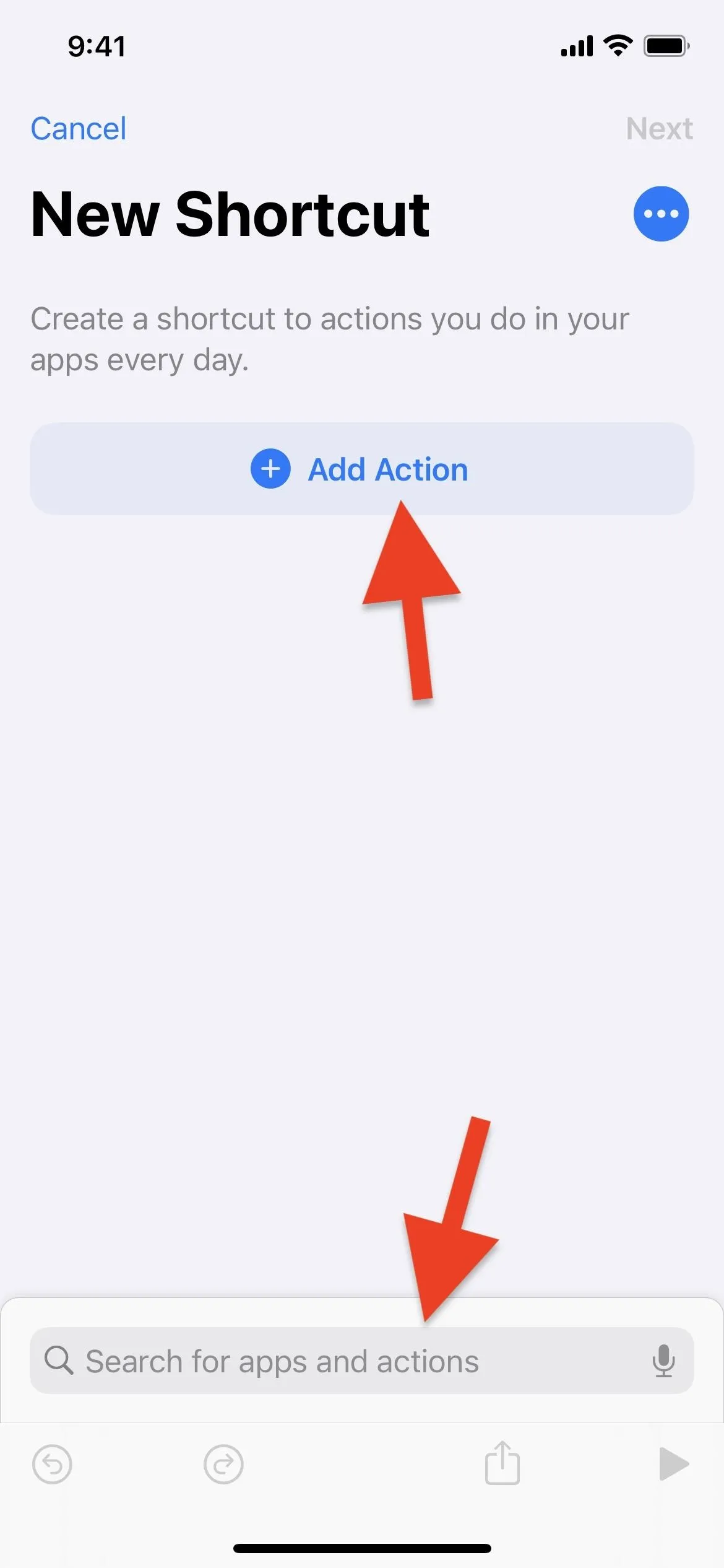 New Shortcut interface showing options to add actions on a mobile device.