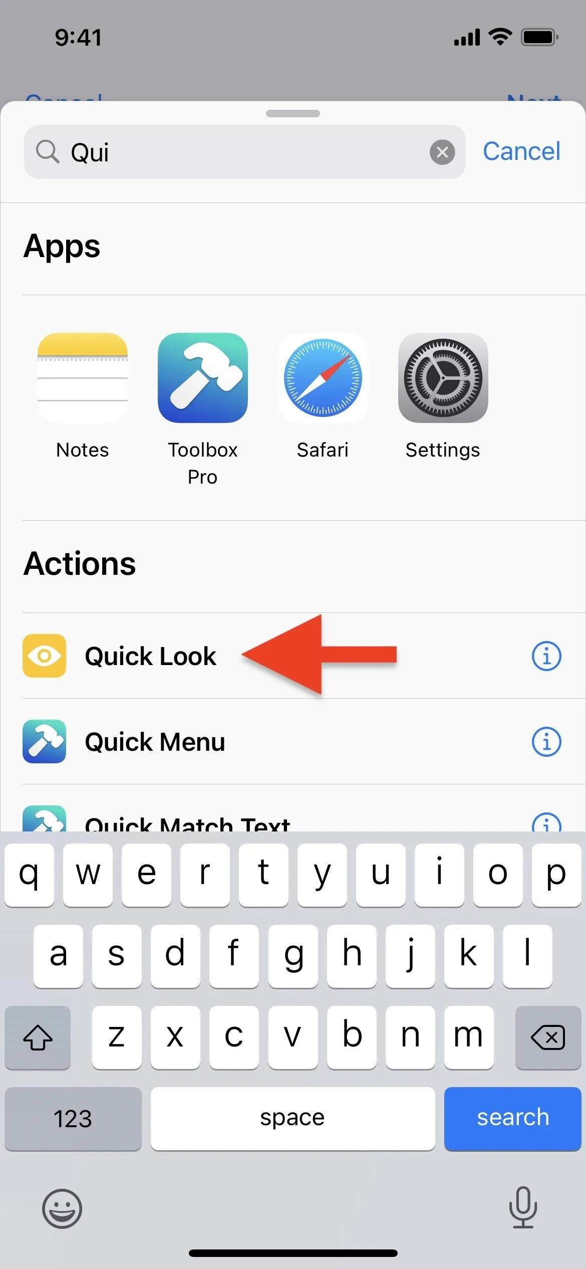 Quick launch option highlighted in a mobile app interface.