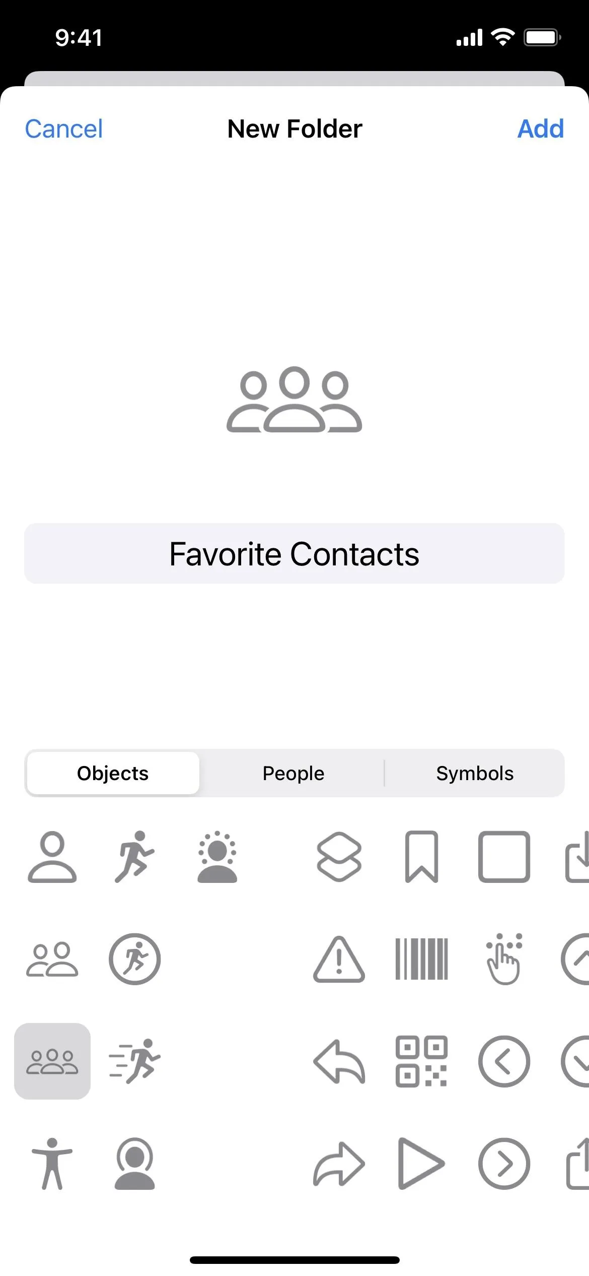 User interface displaying a "New Folder" option with icons for contacts and various categories.