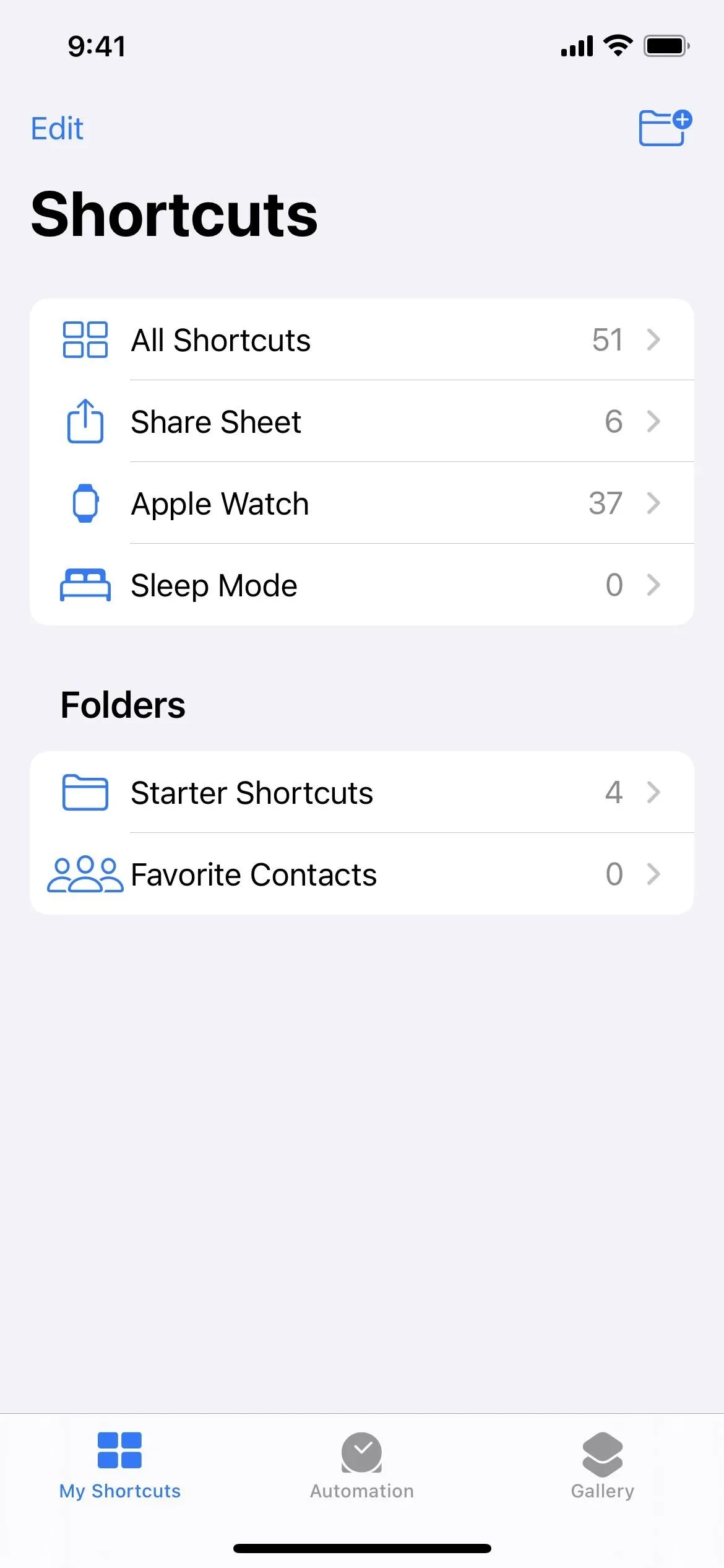 Shortcuts app interface displaying a list of shortcuts and folders.