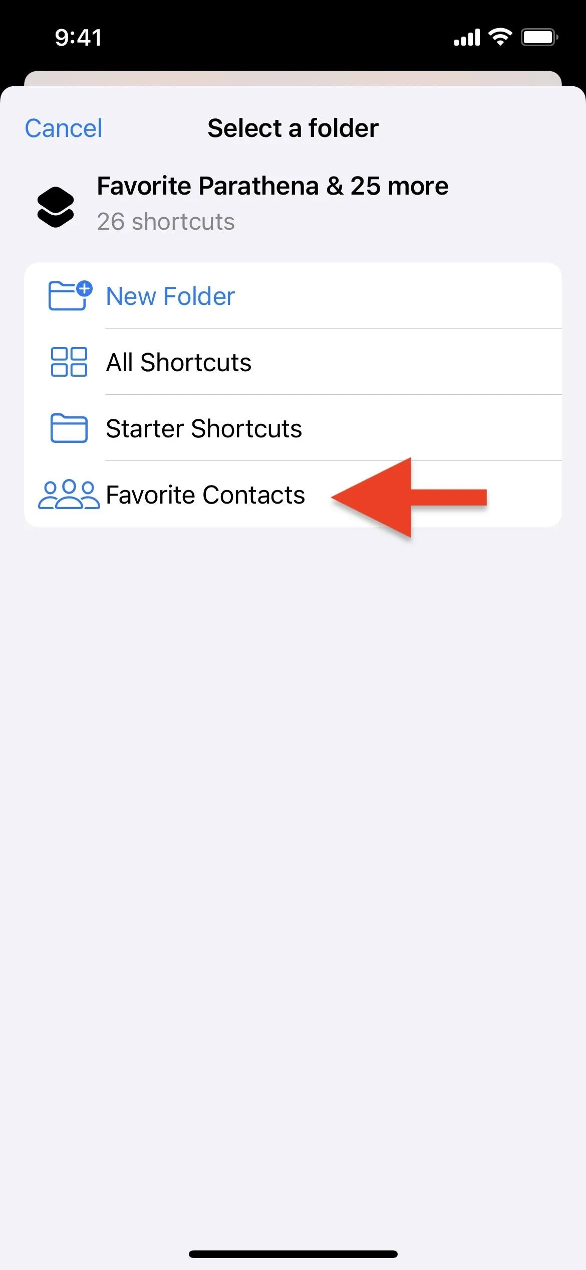 Folder selection screen with a highlighted option for "Favourite Contacts" on a mobile device.