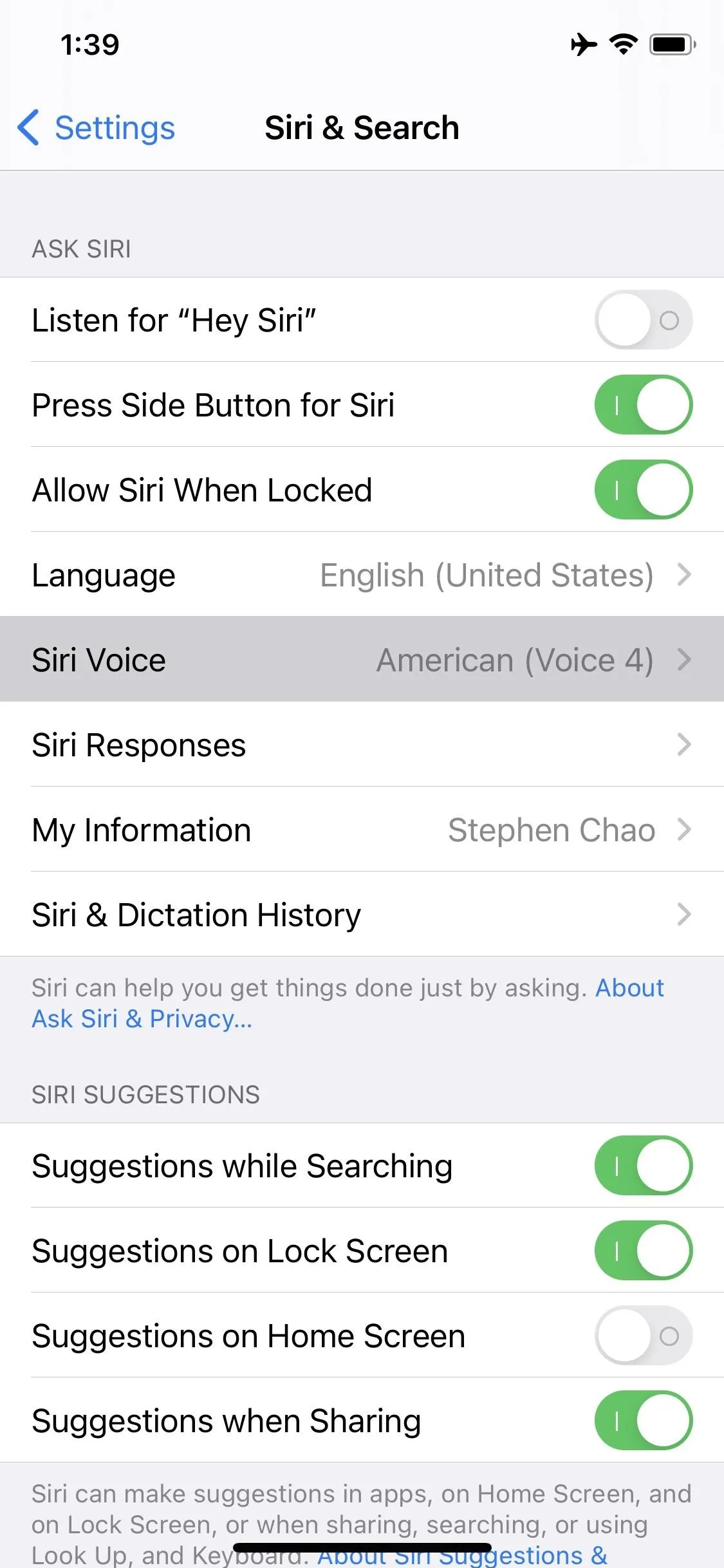 Settings menu for speech recognition features on a mobile device.