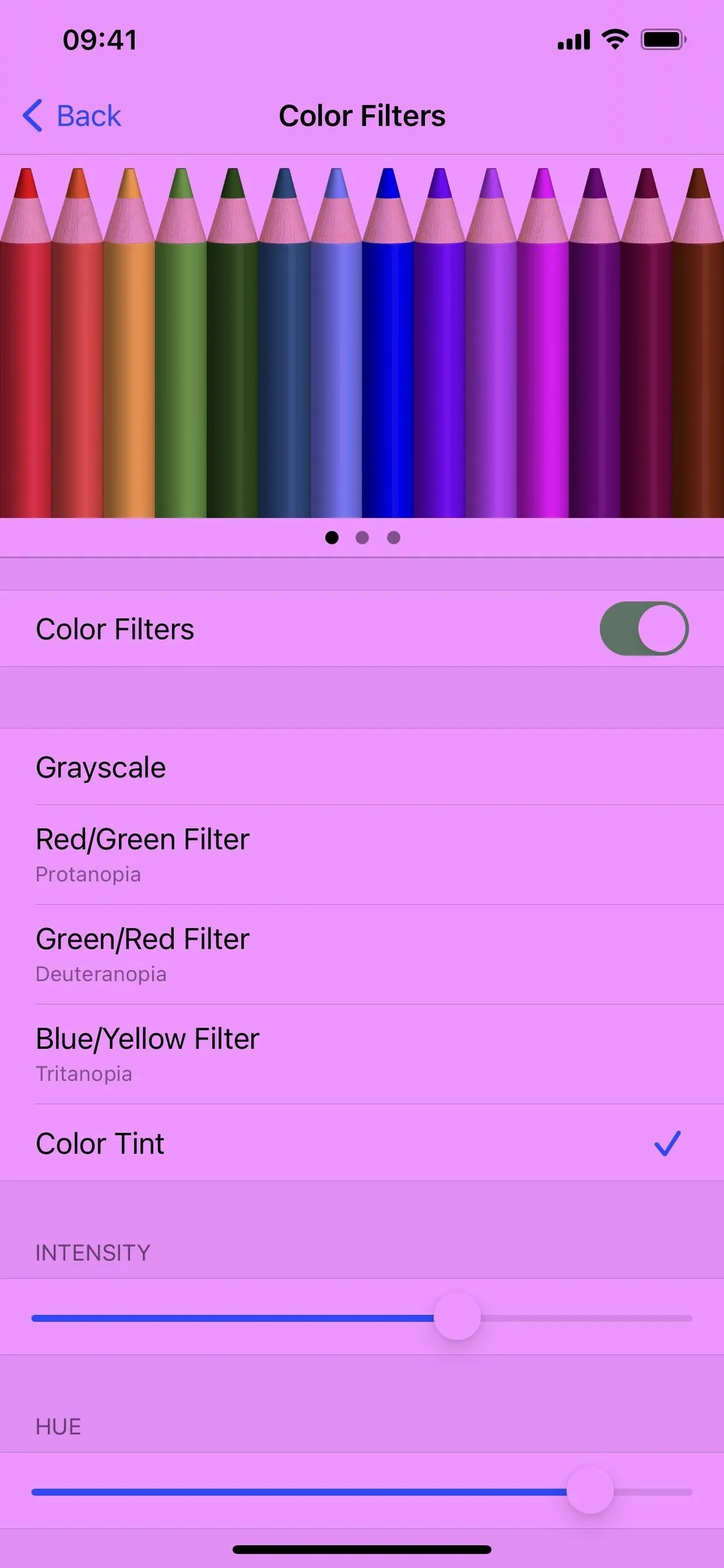 Color filter settings on a mobile device with colorful pencils in the background.