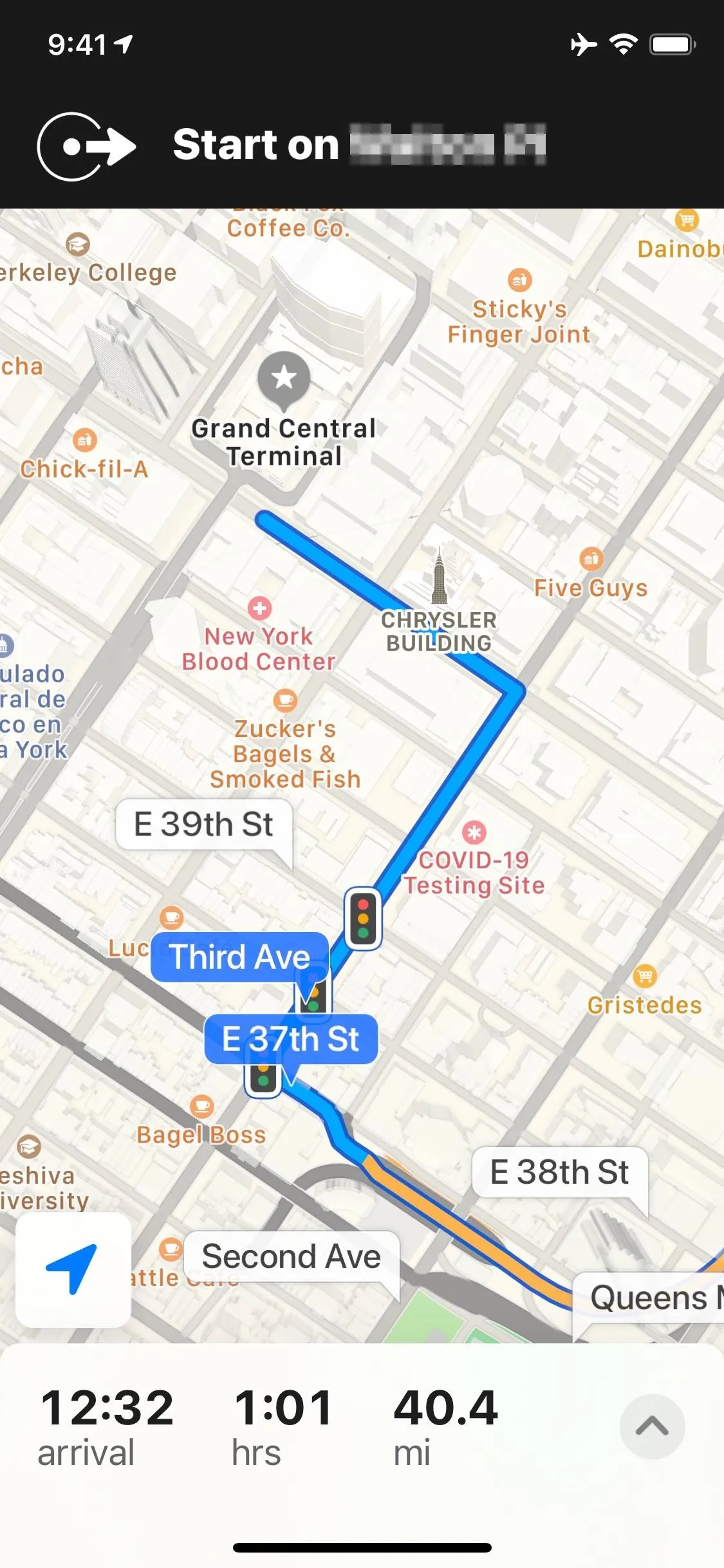 Directions for navigating to a location with a route highlighted on a map.