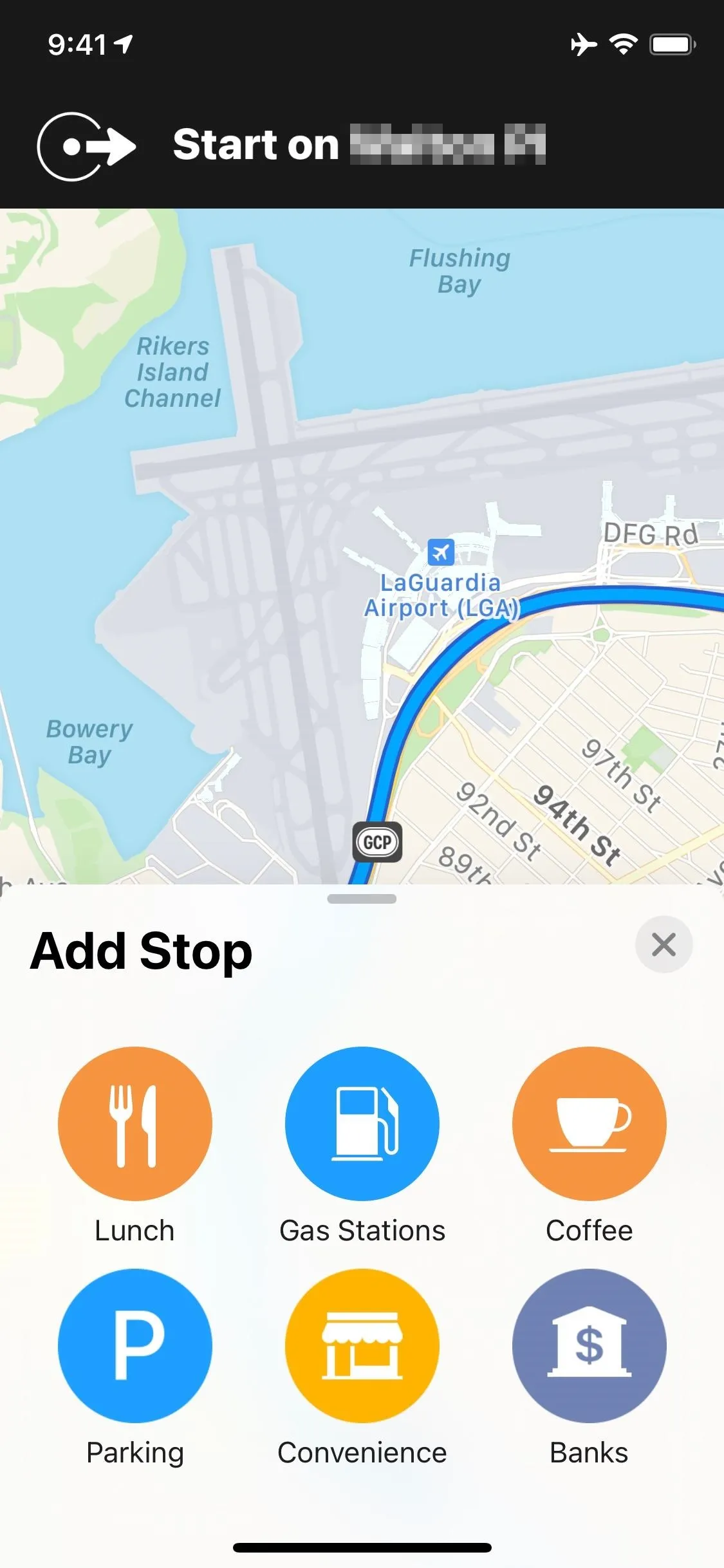 Map interface showing navigation options and buttons for adding stops like lunch, parking, convenience, and coffee.