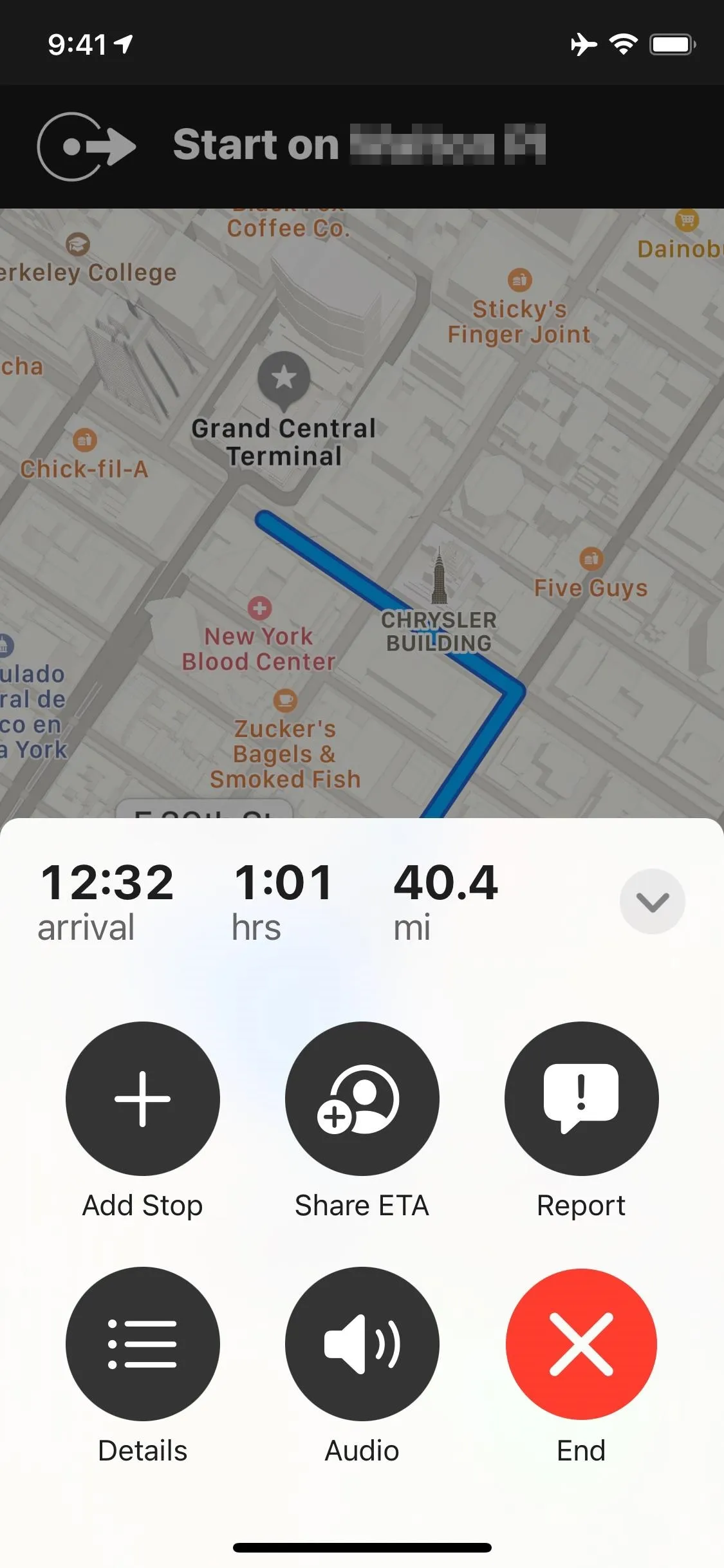 Navigation map with route guidance and time estimate.