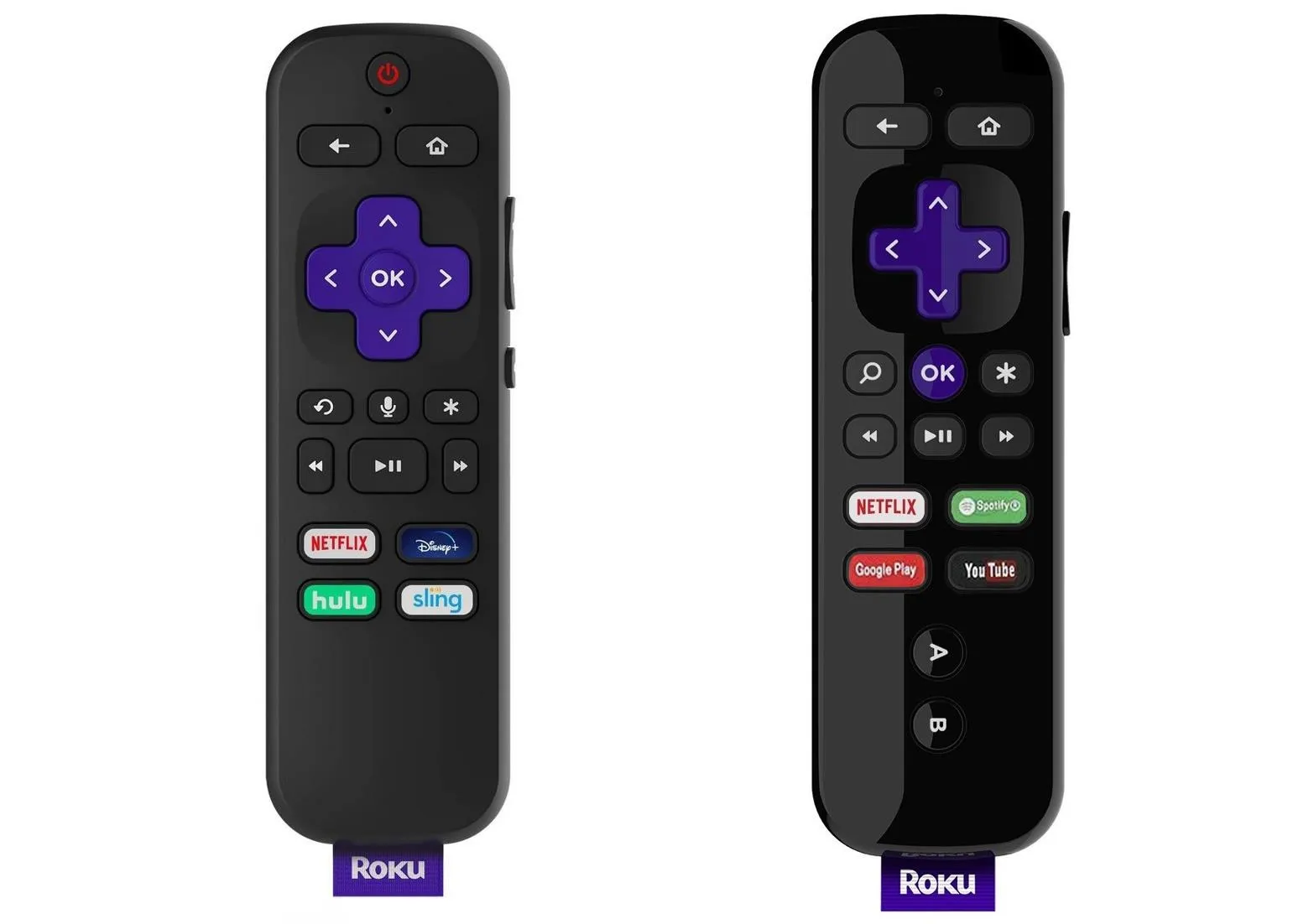 Roku remote controls in black design.