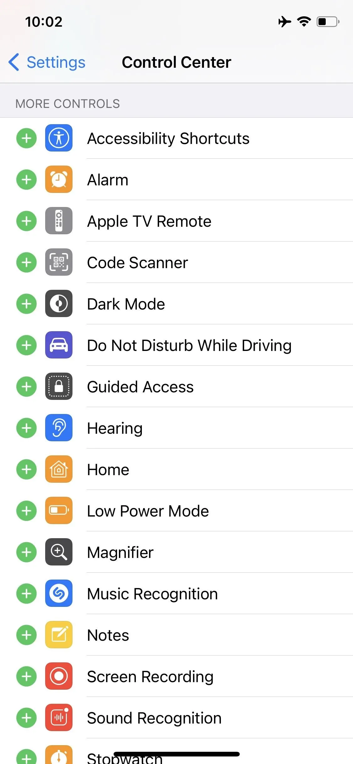 Control Center settings on a smartphone displaying various features and options.