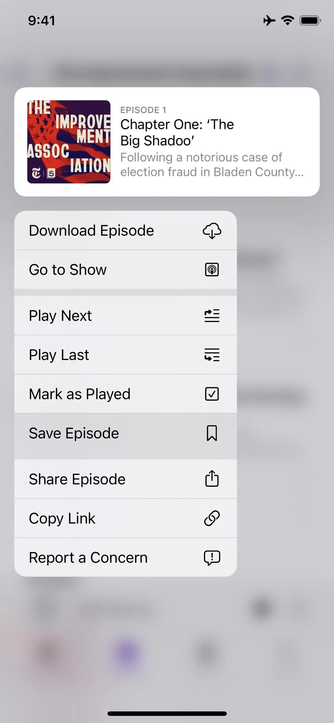 Podcast episode options menu showing "Chapter Zero: The Big Picture."