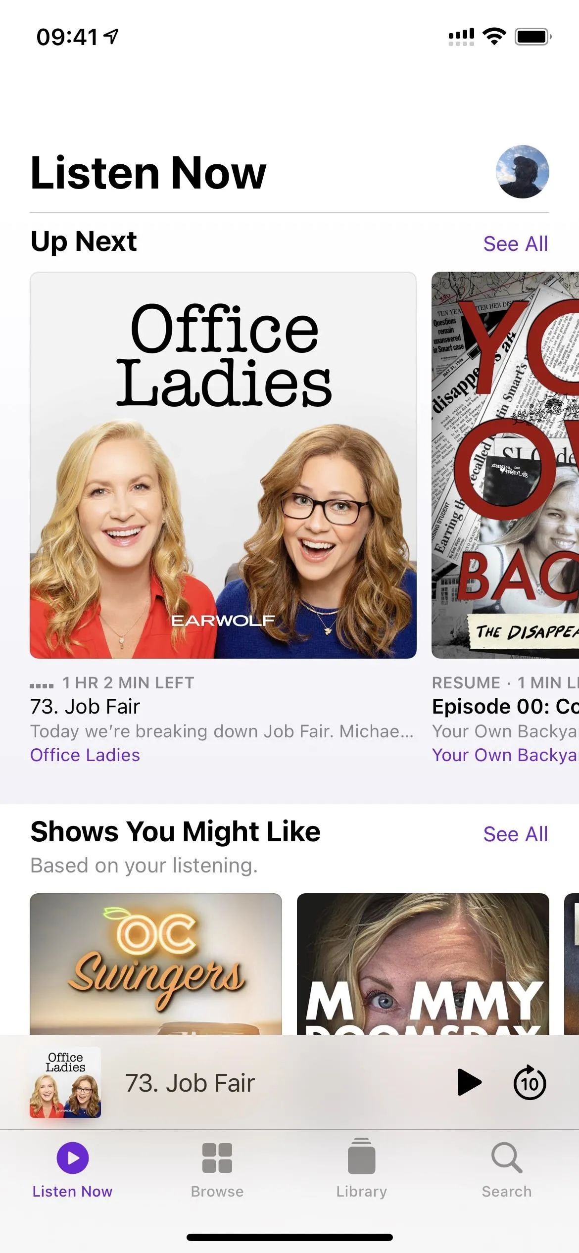 Alternative text: Podcast page featuring "Office Ladies" with hosts smiling at the camera.