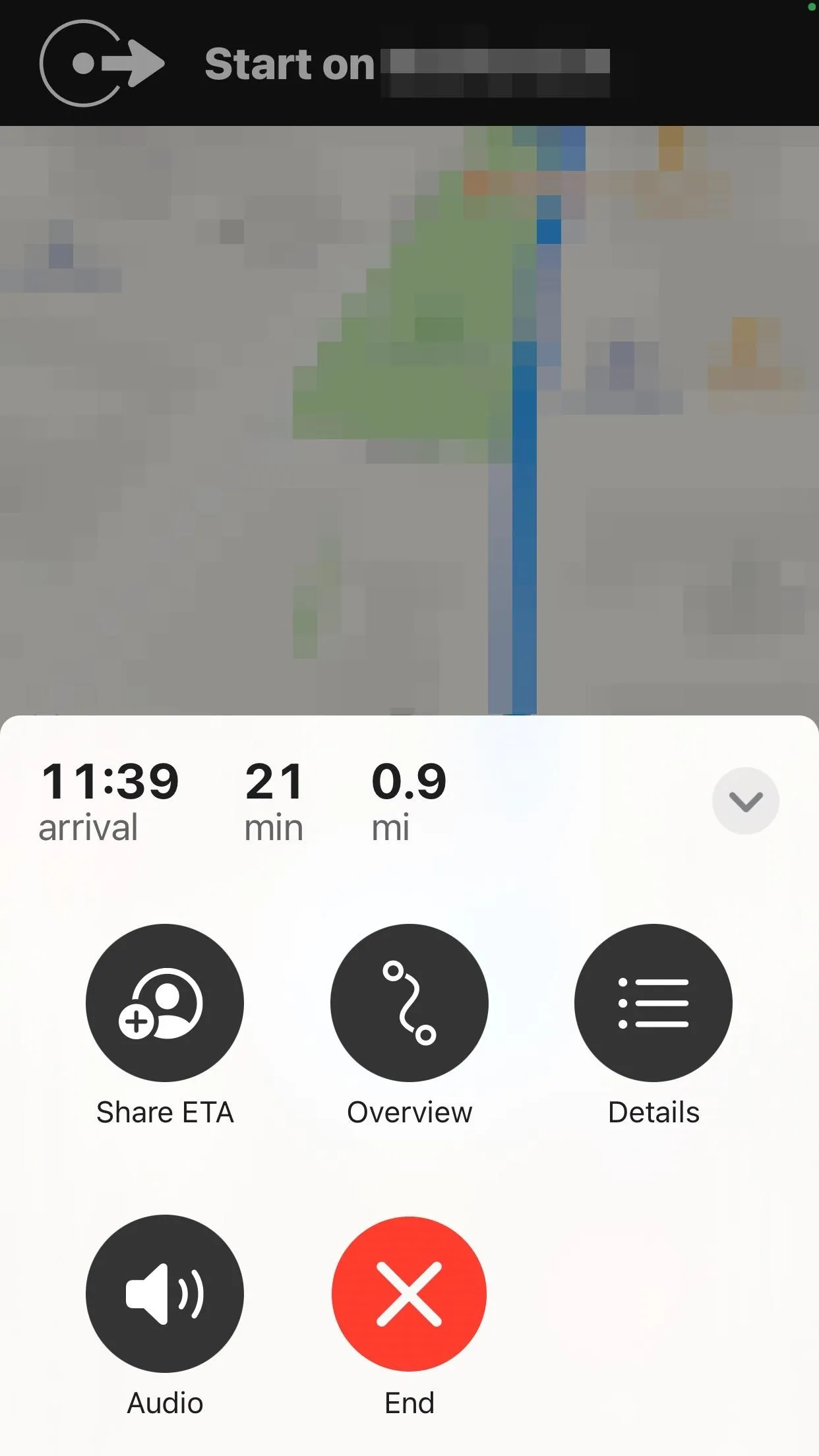 Navigation app interface showing estimated arrival time and route details.