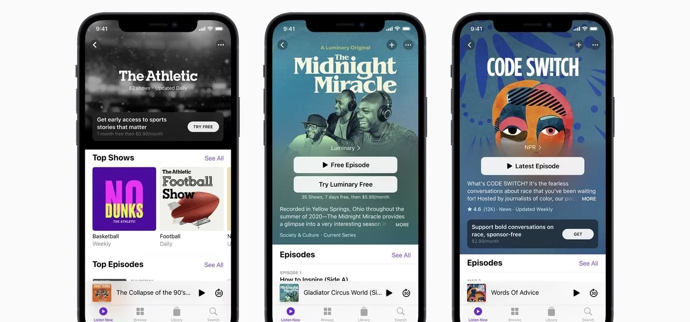 Podcast app interface displaying three shows: "No Bones," "Midnight Miracle," and "Code Switch."