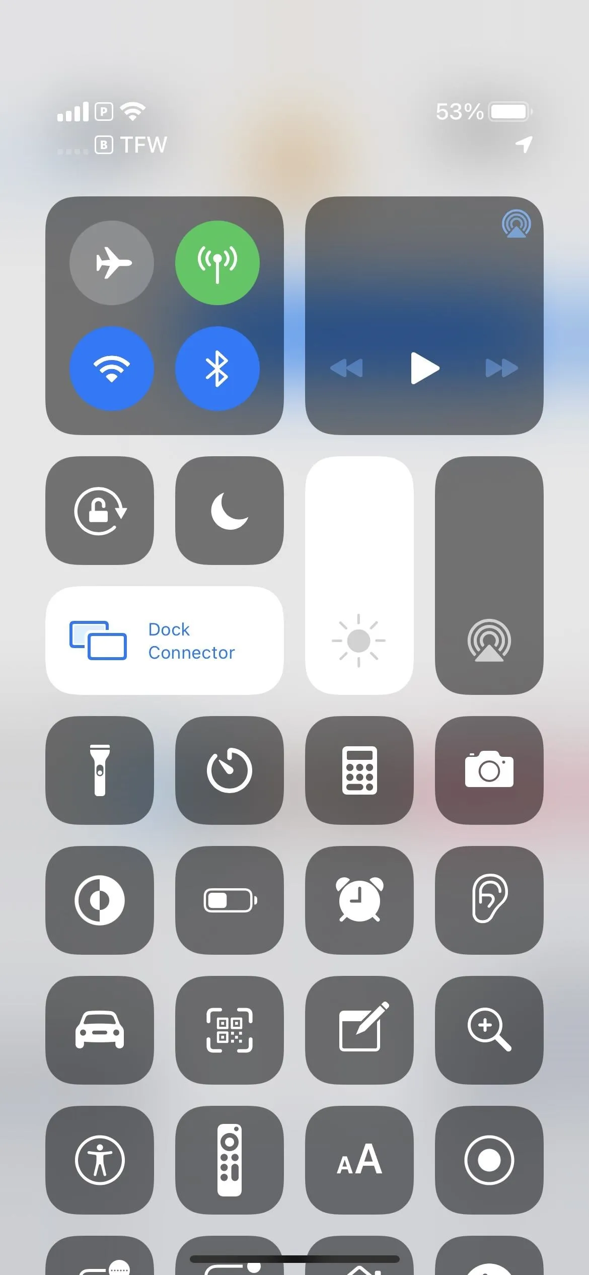 Control Center interface on a smartphone displaying various settings and options.