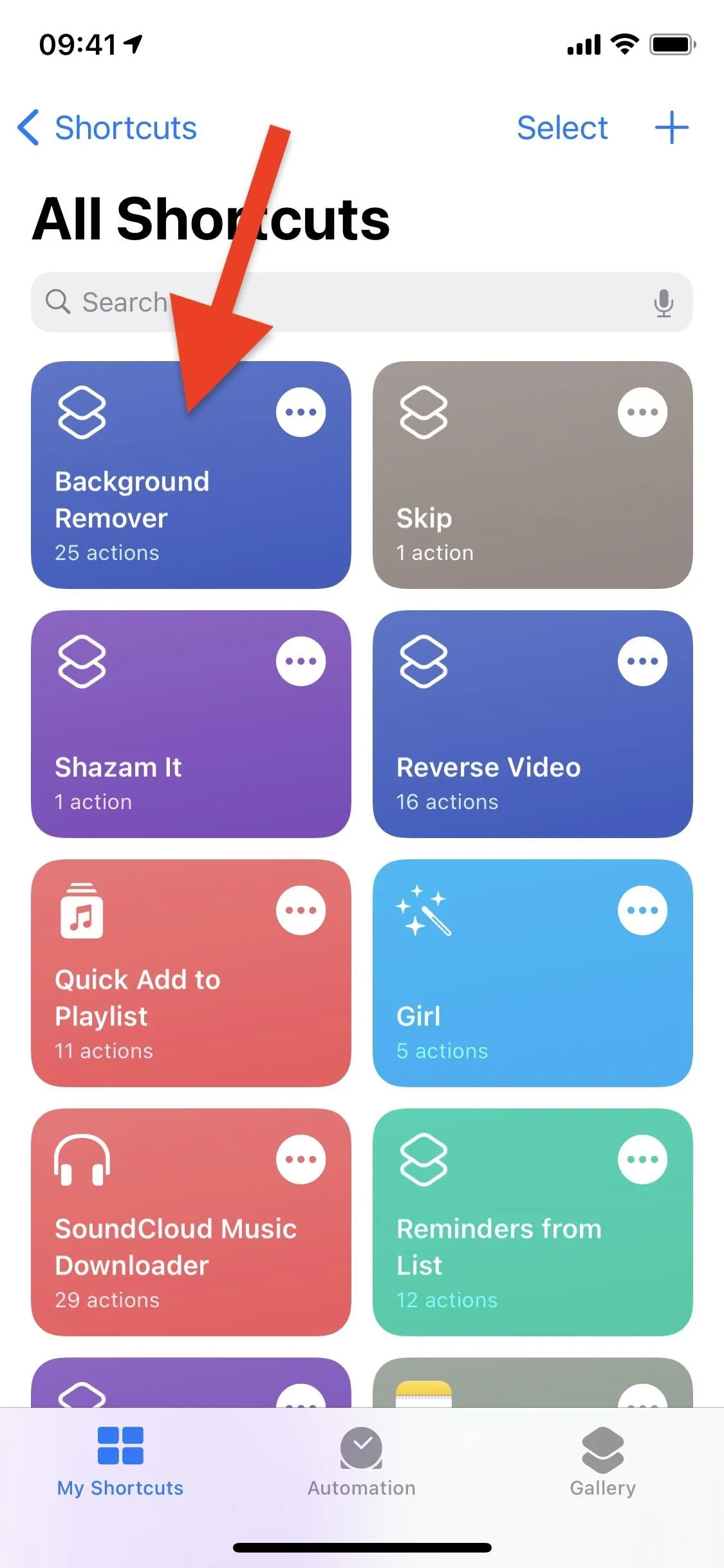 Shortcuts app interface with various shortcuts displayed.