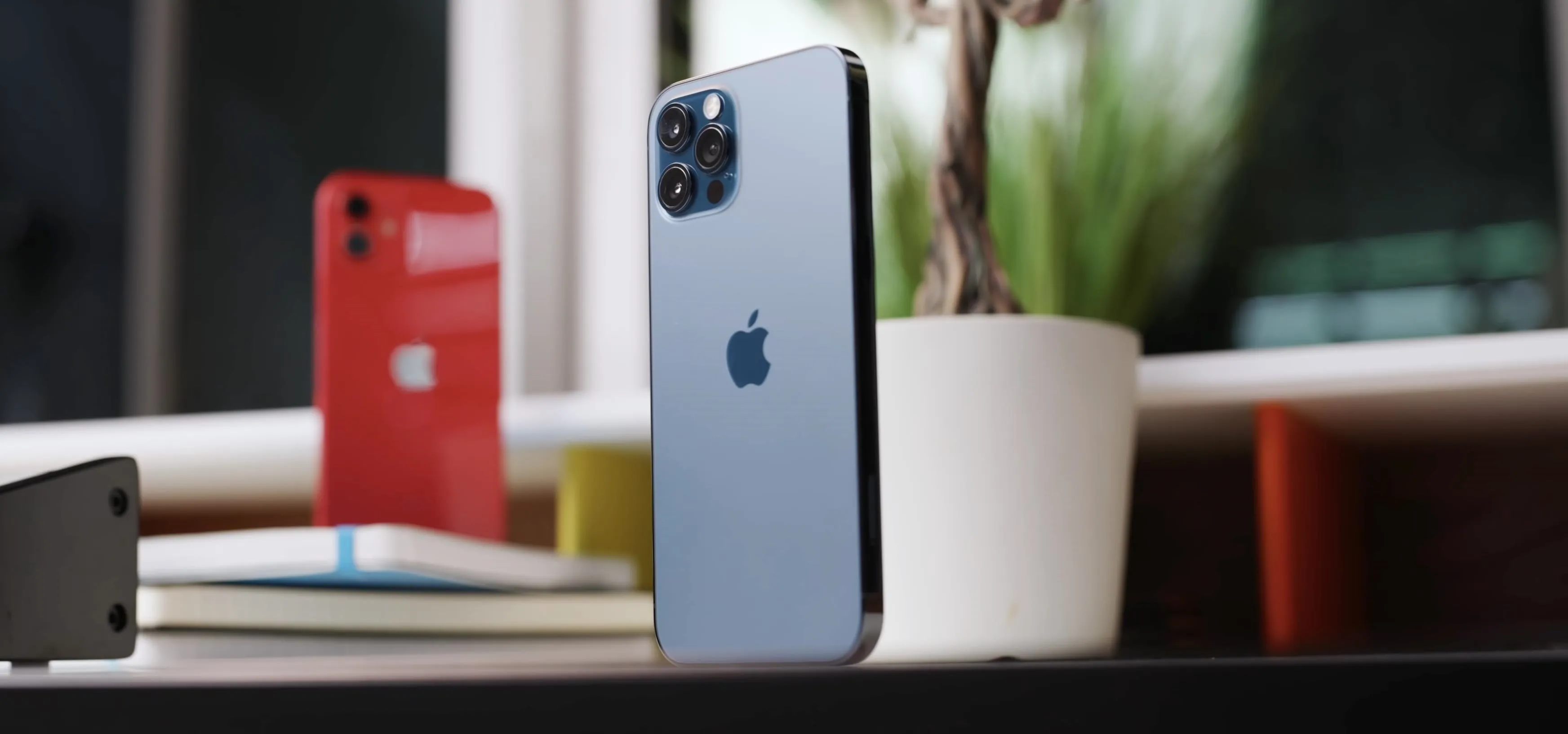 Smartphones on a desk with a potted plant in the background.