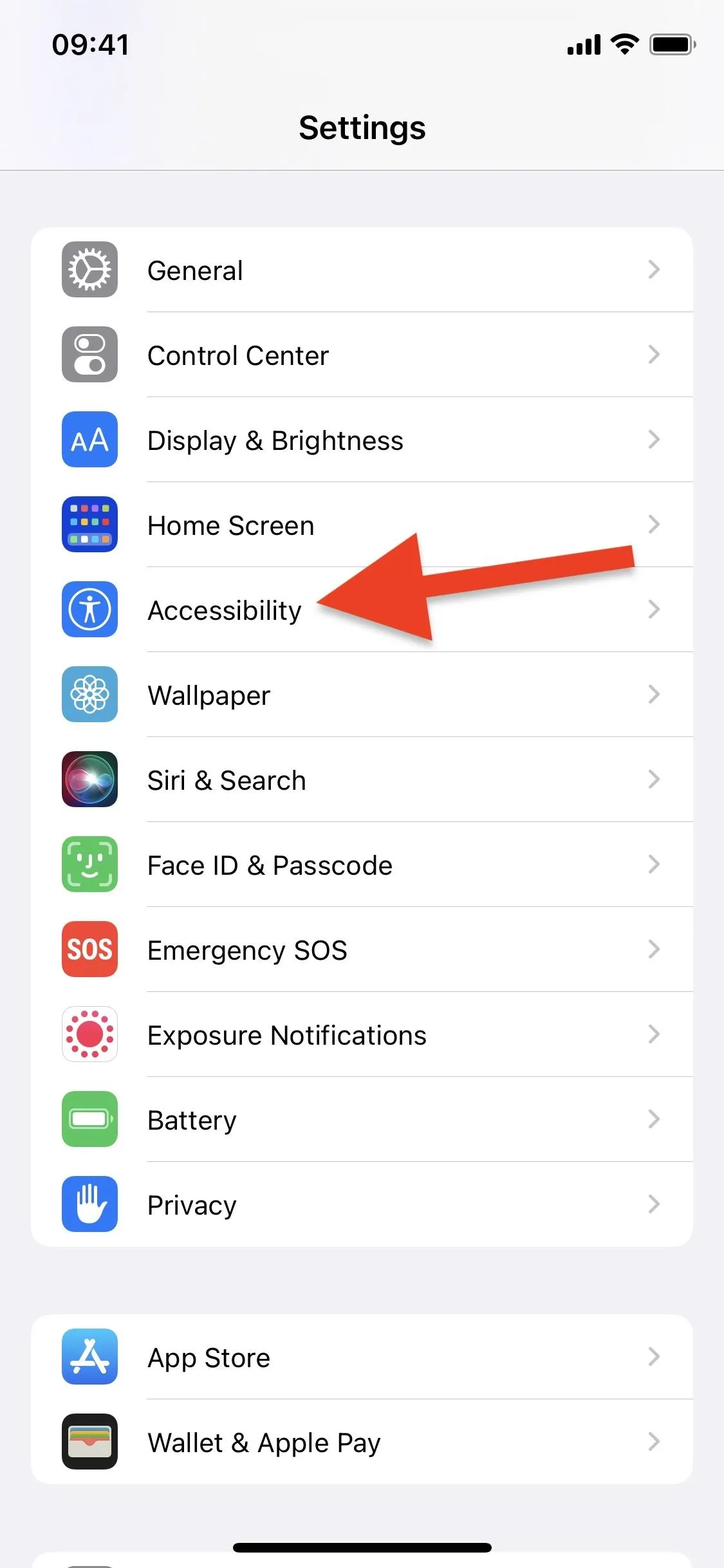 Settings menu on a mobile device with a highlighted option for Accessibility.