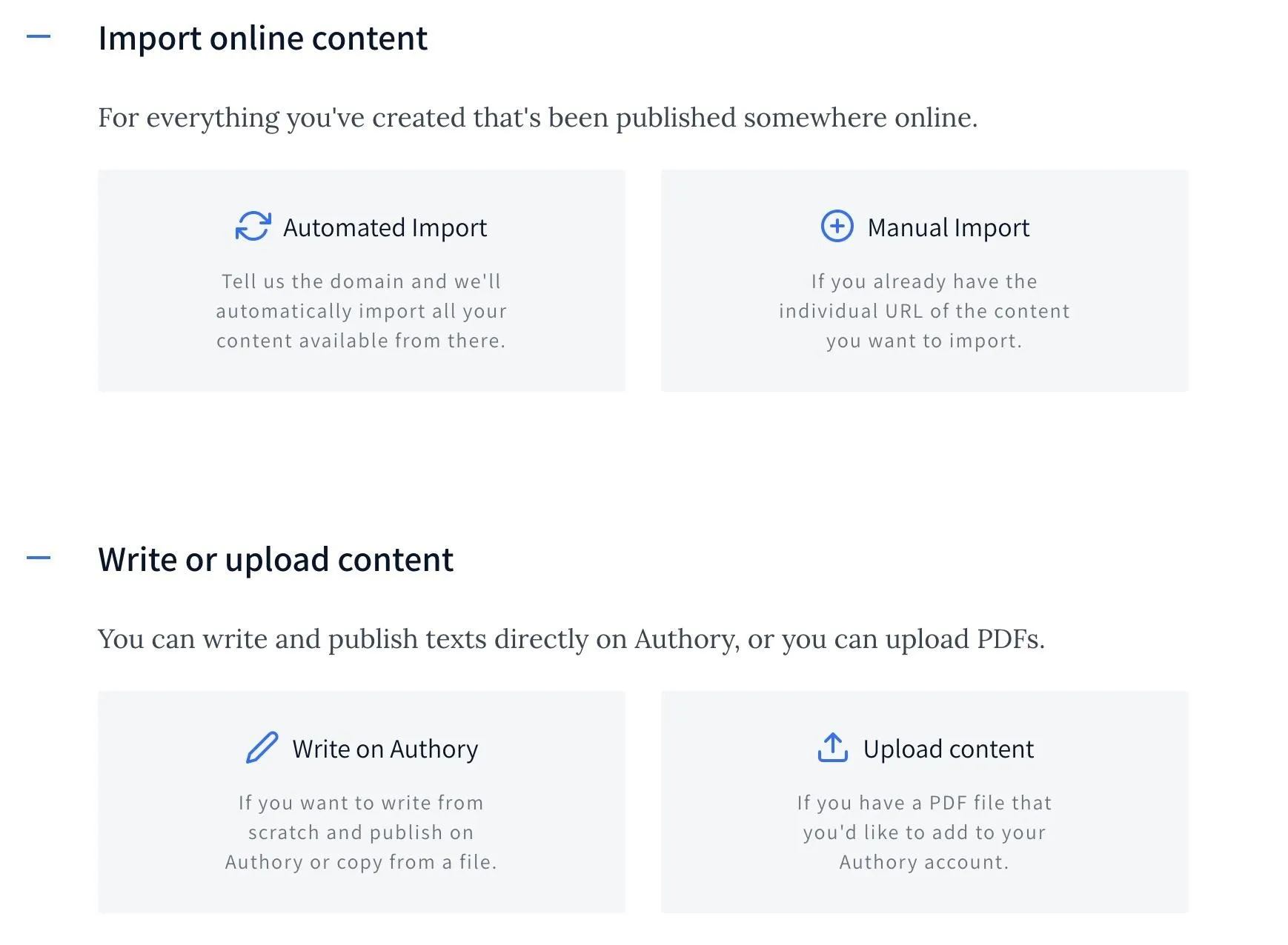 Import online content options for automated and manual uploads, along with content writing and uploading features.