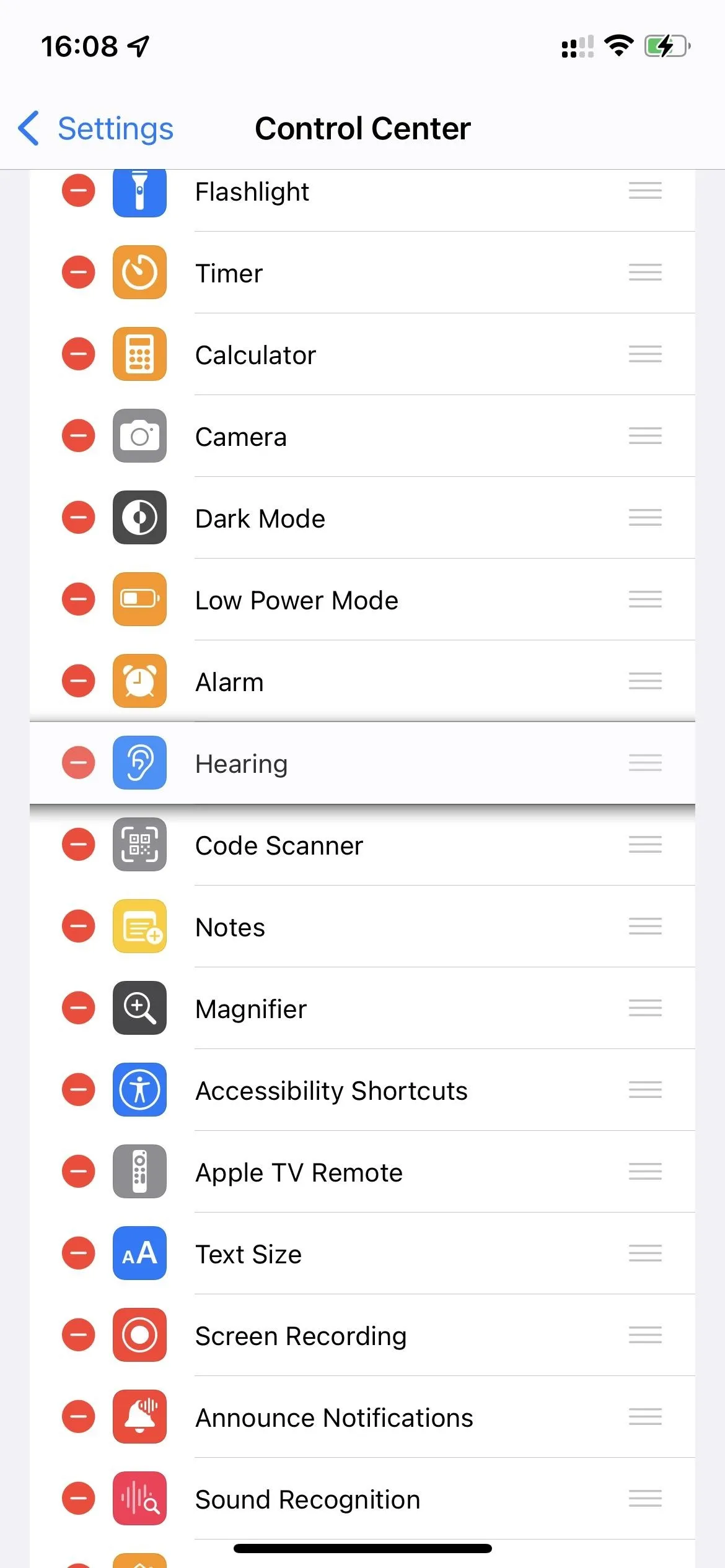 Control Center settings on a smartphone displaying various app icons and features.