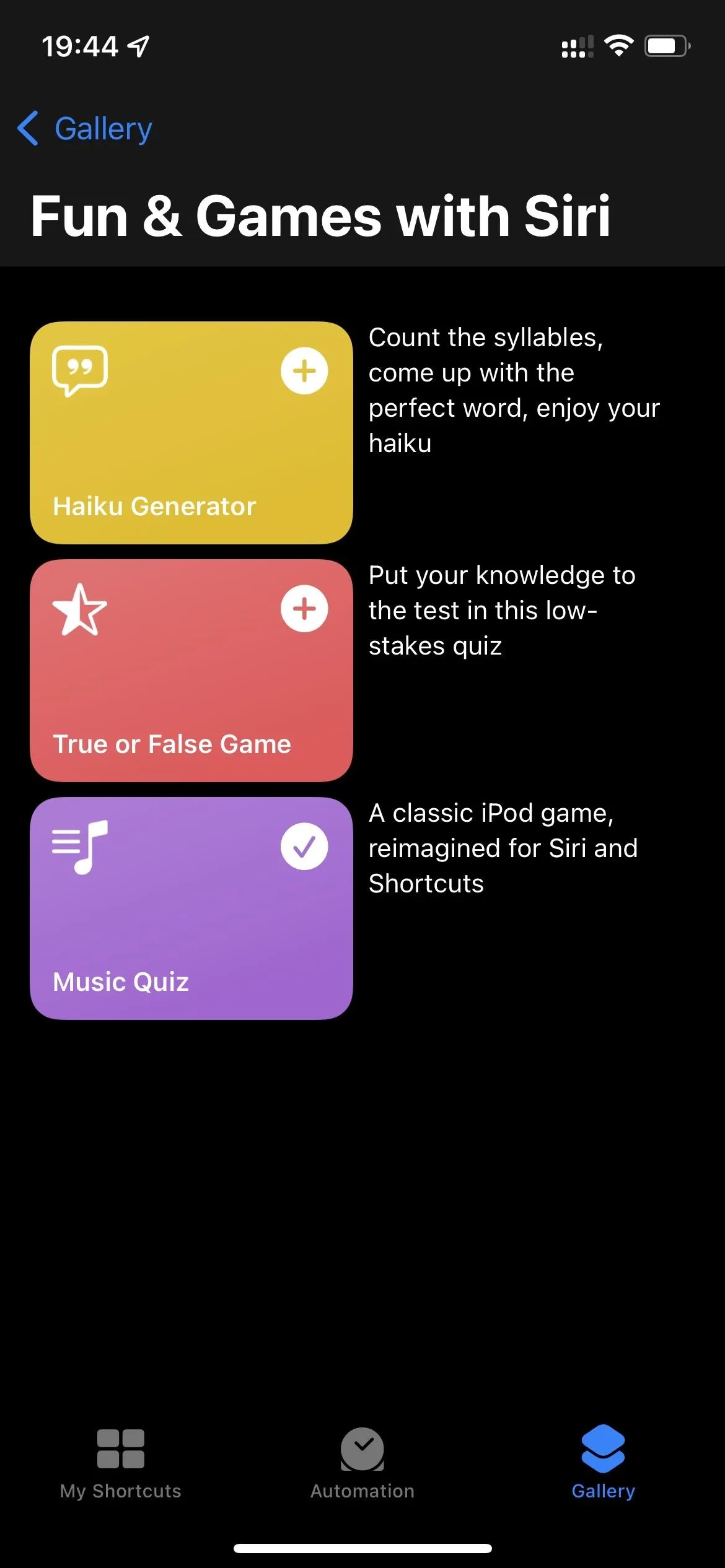 Fun and games options available with Siri on a mobile app interface.