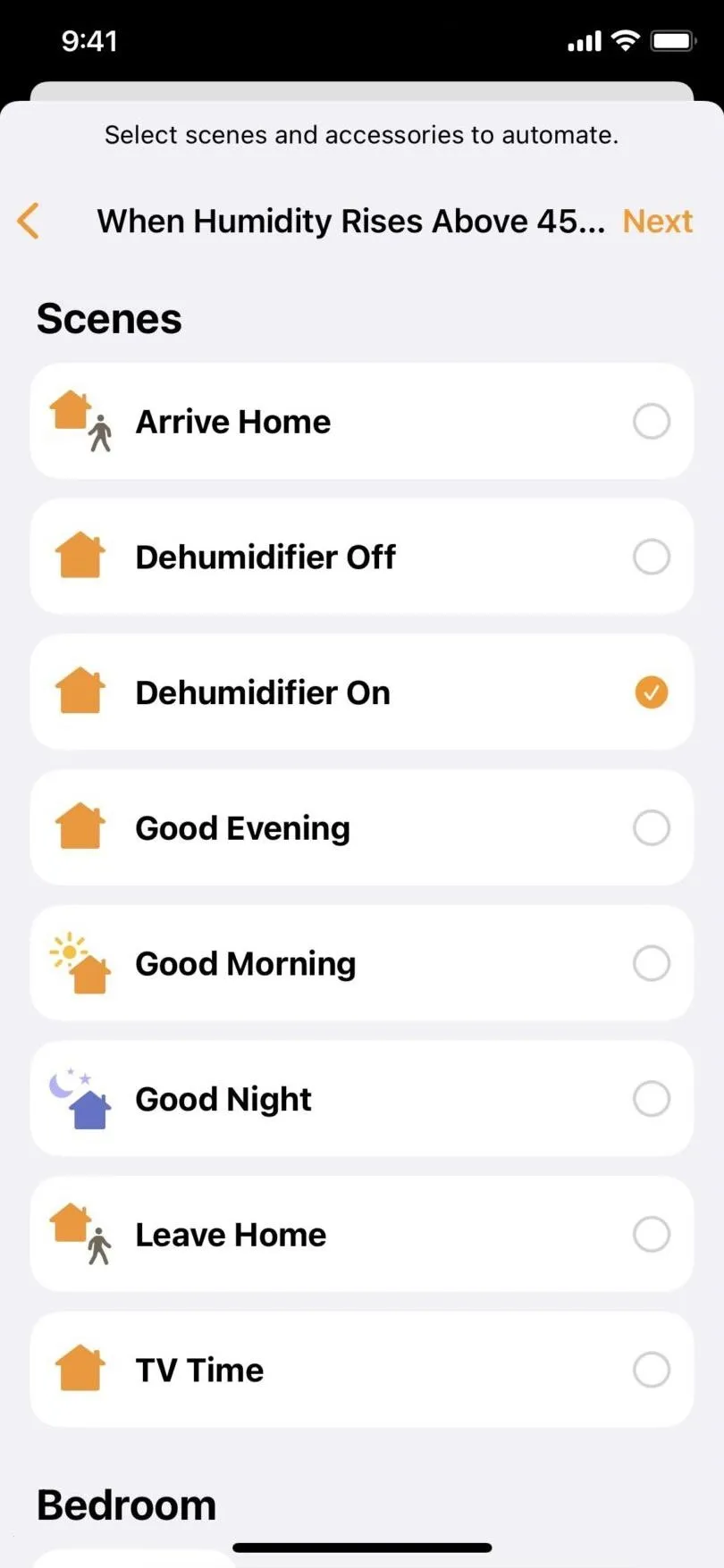 Smart home app interface showing various scenes and settings, including "Activate Home," "Deactivate Off," "Deactivate On," "Good Morning," "Good Night," "Leave Home," and "TV Time."